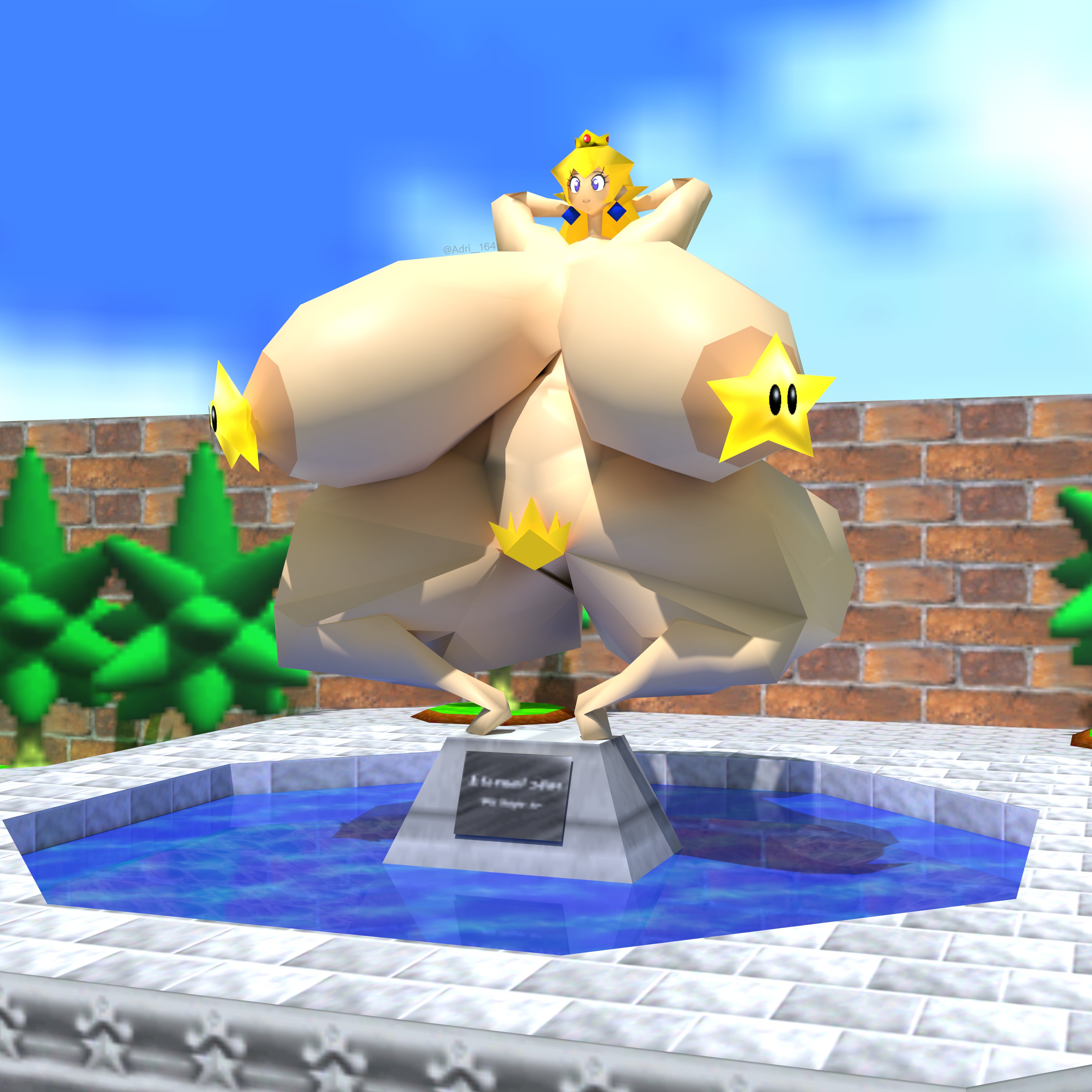 1girls, acting, adri164, arms behind head, blonde hair, blonde pubic hair, breasts bigger than head, crown, female, fountain, hyper, hyper breasts, l is real 2401, low poly, low poly peach, mario (series), massive areolae, massive breasts, massive thighs, naked, nintendo, nintendo 64, princess peach, princess peach (cyanu), pubic hair, star, star (mario bros), statue, statuefication, super mario 64, tall female, thighs bigger than head, video games