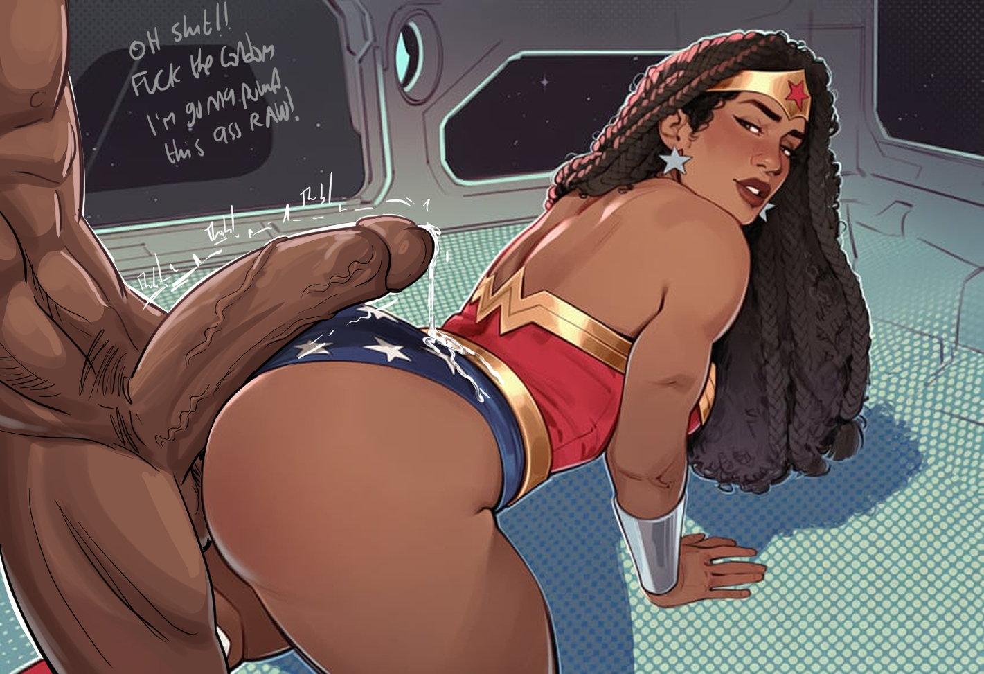 african female, african male, ai generated, amazon, amazonian, ben-day dots, dc, dc comics, edited art, imminent sex, justice league, leaking precum, leotard, nubia of themyscira (zahavah), penis on ass, phophopho, phophopho (artist), precum, precum drip, throbbing penis, wonder woman (series)