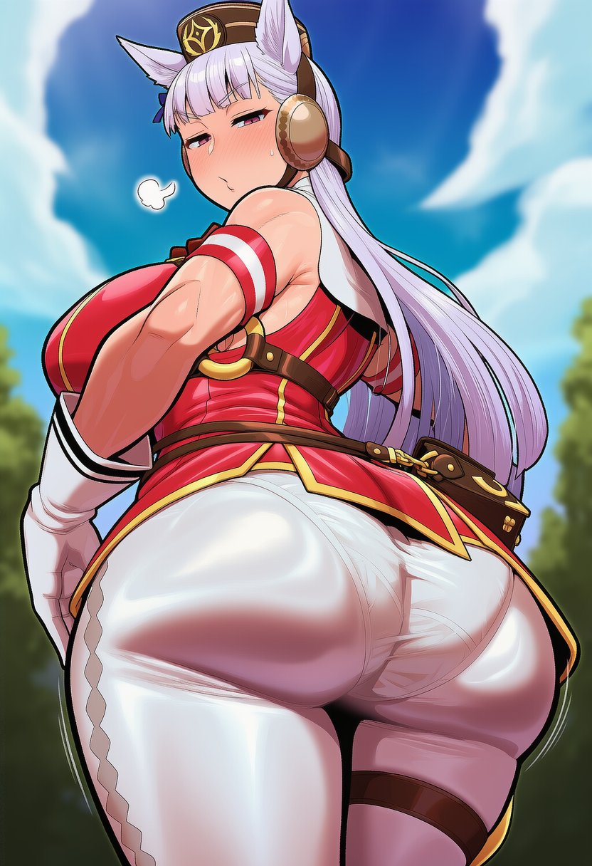 ai generated, ass, ass cleavage, ass focus, ass grab, big ass, big breasts, big muscles, big thighs, gold ship (umamusume), panties, panties under pantyhose, phoebeai  , thigh socks, thighs, thighs bigger than head, umamusume, umamusume pretty derby, umamusume: cinderella gray