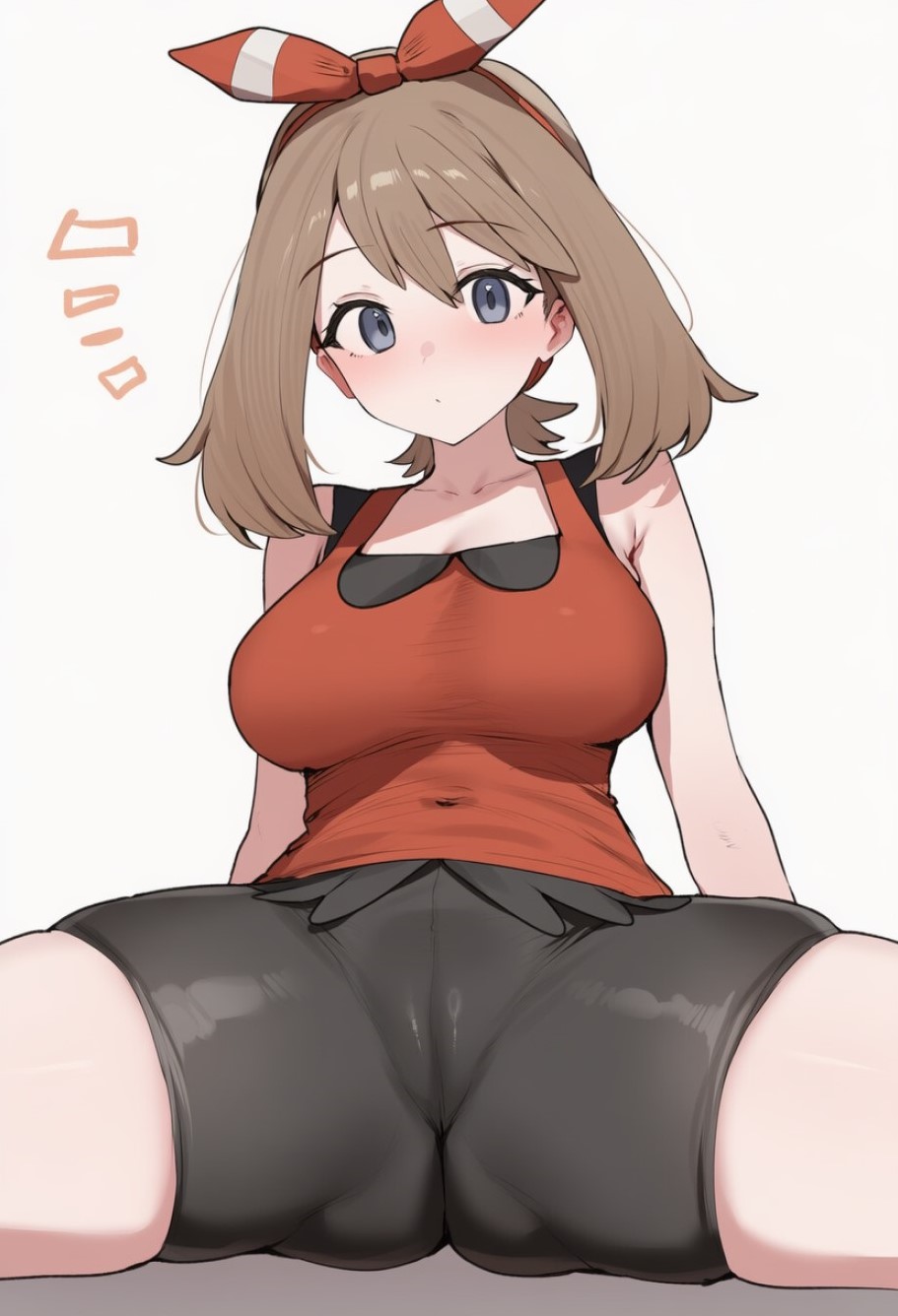ai generated, ass, big ass, big breasts, blue eyes, breasts, brown hair, cameltoe, close-up, hair ribbon, may (pokemon), pokemon, pussy, short hair, shorts, sitting, skindentation, spread legs, thick thighs, thighs, tight clothing, tight pants, vagina, wide hips