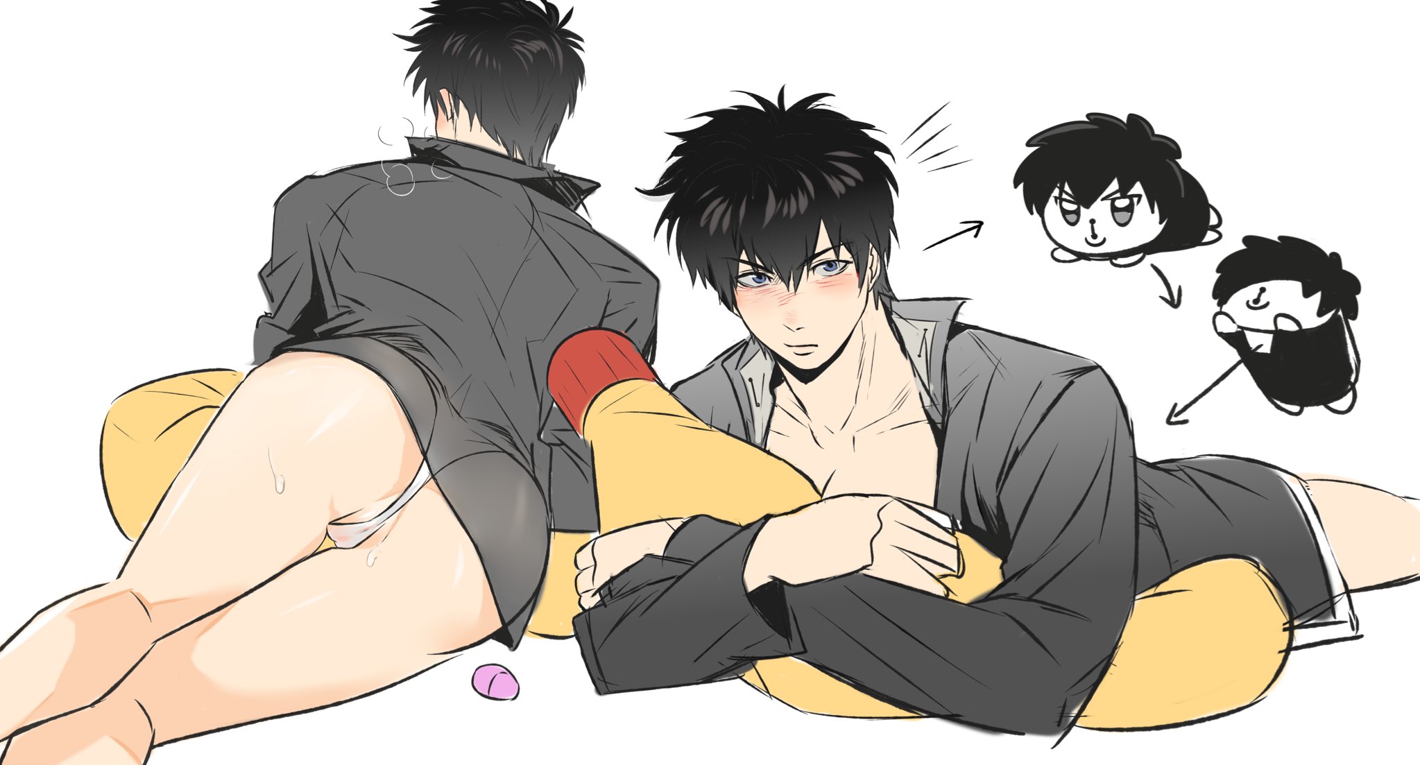 big ass, black hair, blue eyes, blush, breath, cameltoe, class 3-z, cuntboy, cuntboy only, gakuran, gintama, hijikata toshiro, intersex, looking at viewer, mti crossgender, official alternate costume, on side, panties, pillow, pillow grab, pillow hug, rear view, remote control vibrator, sapomu4, school uniform, solo, sweat, vibrator remote, white panties