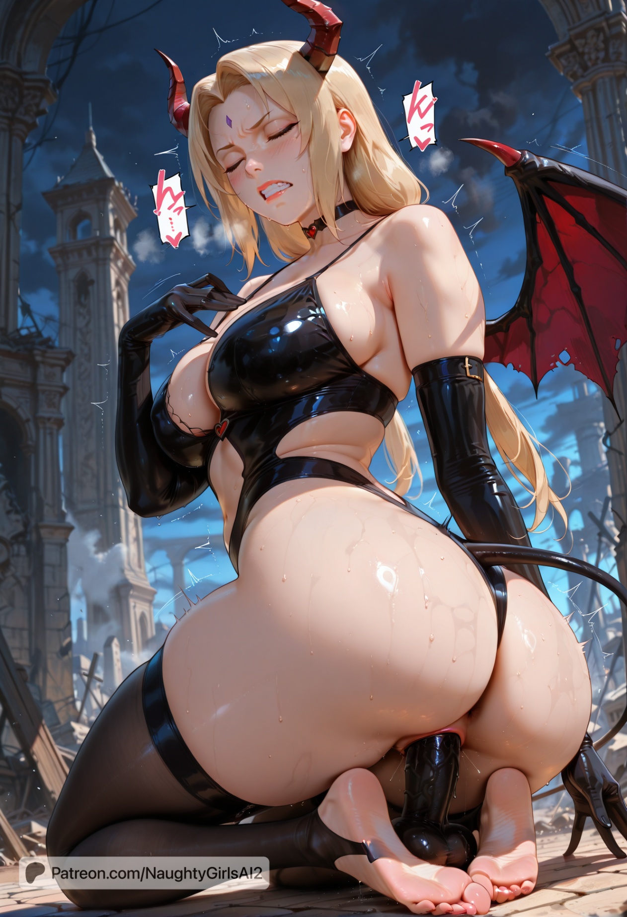 1girls, ai generated, anal, anal object insertion, ass, big breasts, black dildo, black gloves, black thighhighs, blonde hair, blush, boruto: naruto next generations, breasts, choker, clenched teeth, closed eyes, demon girl, demon horns, demon tail, demon wings, dildo, dildo in pussy, dildo riding, elbow gloves, facial mark, feet, female, female masturbation, female only, forehead mark, gloves, horns, huge breasts, kneeling, large breasts, long hair, mature, mature female, milf, naruto, naruto (series), naruto shippuden, naughtygirlsai, object insertion, patreon username, riding dildo, sex toy, soles, solo, stirrup legwear, sweat, tail, teeth, thighhighs, toeless legwear, toenails, toes, tsunade, twintails, vaginal object insertion, vaginal penetration, wings