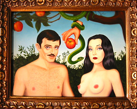 1boy 1girls 2d adam_and_eve apple artistic_nude background black_hair breasts brown_hair carolyn_jones casual chest_hair christianity completely_nude couple crossover disembodied_hand erect_nipples facial_hair female food front_view fruit garden_of_eden gomez_addams hair hairy hairy_chest hairy_male holding_food human husband husband_and_wife isabel_samaras john_astin lipstick long_hair looking_at_viewer looking_up male morticia_addams moustache mustache naked nude nude_female nude_male nudist nudity outdoor_nudity outside painting_(object) pale_skin perky_breasts portrait public_domain red_lips red_lipstick religion reptile serpent short_hair small_breasts snake the_addams_family thing_(addams_family) tongue_out tree wife