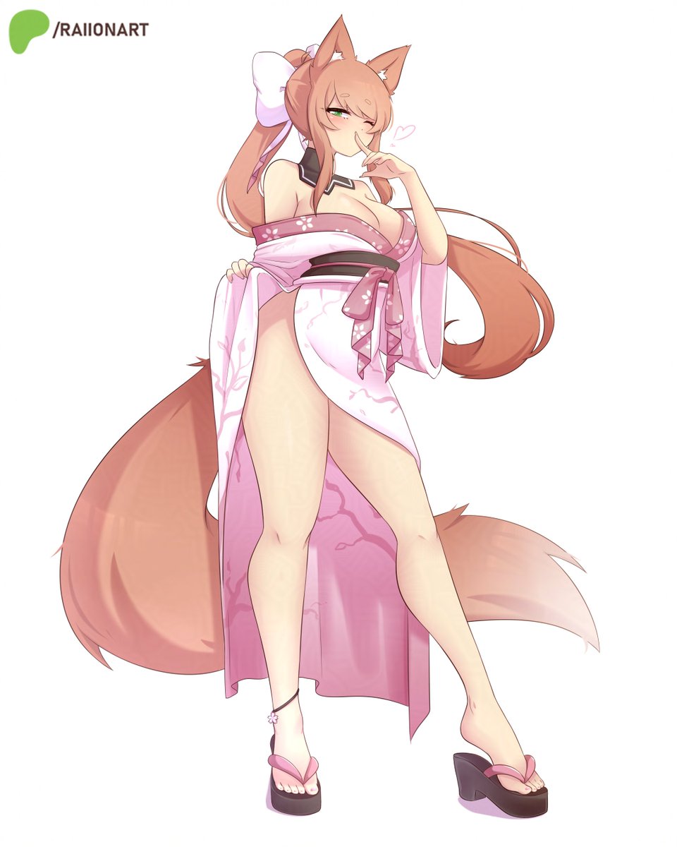 1girls, artist name, bare shoulders, big breasts, brown hair, busty, cleavage, doki doki literature club, fox ears, fox girl, fox tail, green eyes, kitsune, legs, light skin, light-skinned female, long legs, monika (doki doki literature club), raionart, sandals, traditional japanese, white background
