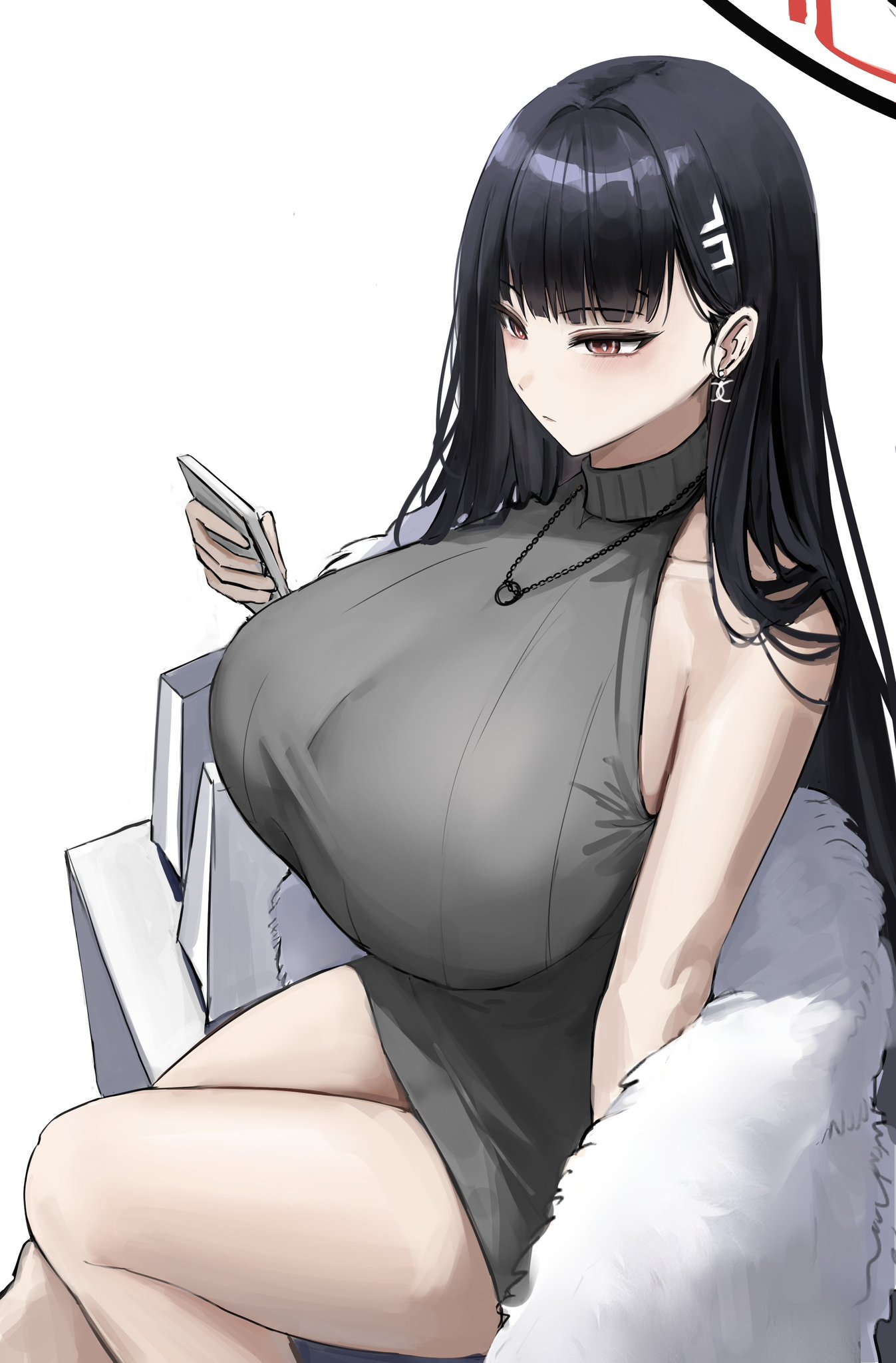 1girls, artist request, big breasts, black hair, blue archive, female, female only, fur coat, halo, iphone, millennium science school student, necklace, rio (blue archive), seminar (blue archive), smartphone, thick thighs, using phone, virgin killer sweater