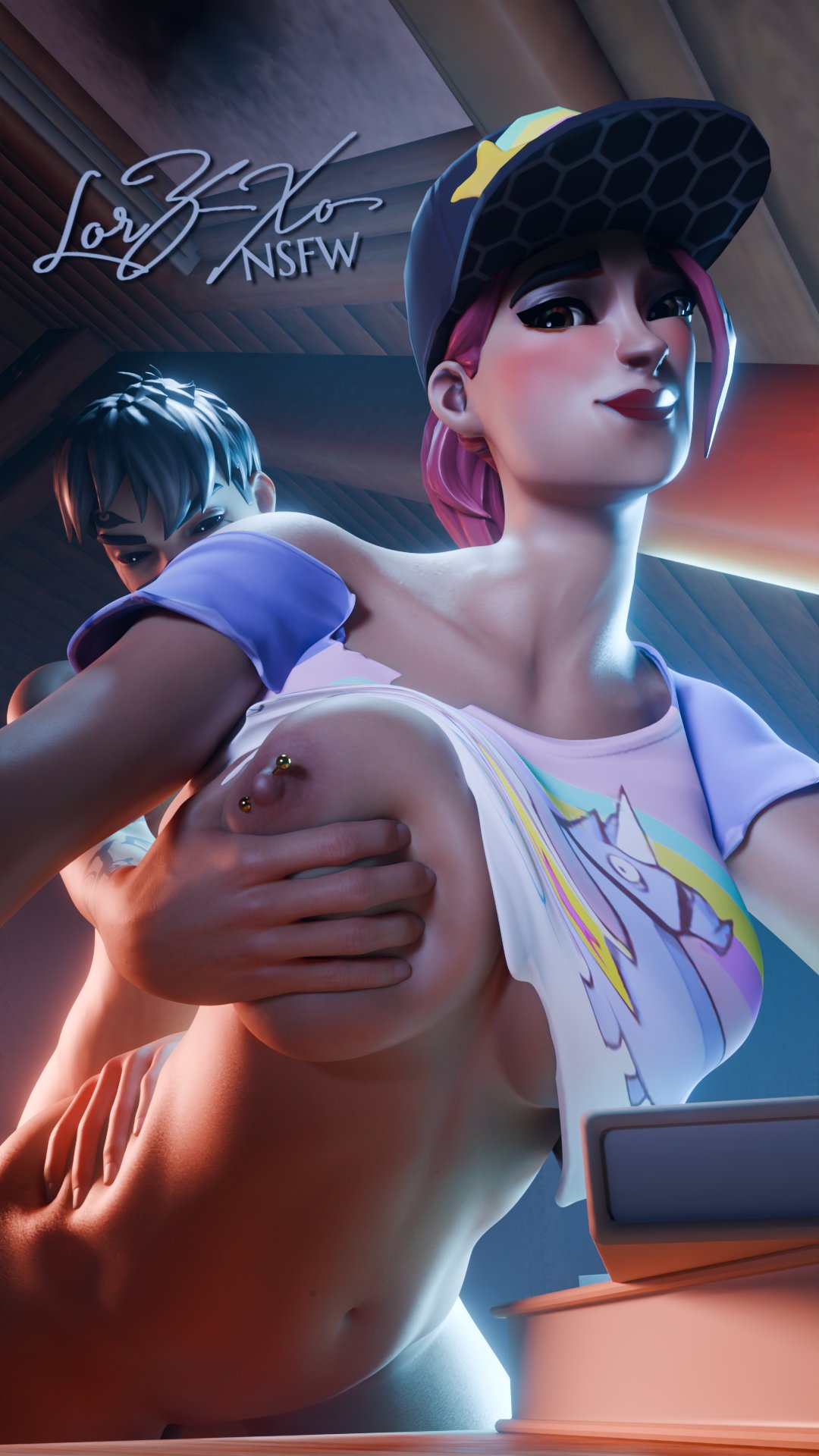 1boy, 1girls, 3d, 3d (artwork), beach bomber, breasts, brite bomber, crop top, female, female torso, fortnite, fortnite: battle royale, grey hair, hand on breast, lxrz xo, male, male/female, naked male, nipple piercing, phantasm (fortnite), pink hair, smiling at viewer, tattoo