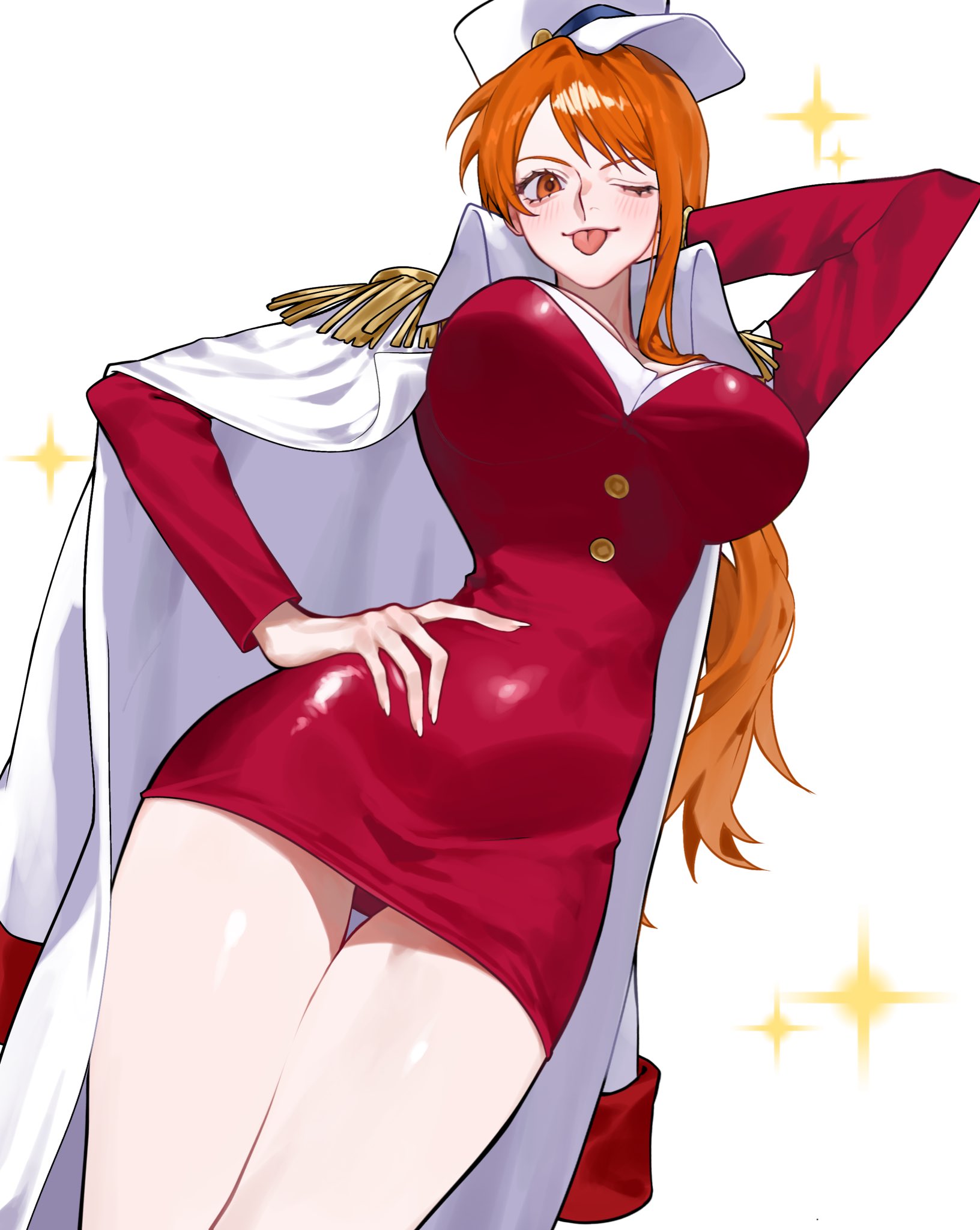 ;p, 1girls, arm behind head, arm up, bare legs, blush, breasts, buttons, coat, coat on shoulders, commentary, commentary request, cowboy shot, dress, epaulettes, female, female only, from below, fully clothed, hand on own hip, hat, highres, large breasts, light blush, long hair, long sleeves, looking at viewer, marine uniform (one piece), nami (one piece), nami (one piece) (marine rookie arc), narrow waist, official alternate costume, one eye closed, one piece, orange eyes, orange hair, orange-haired female, red dress, shiny clothes, short dress, simple background, single sidelock, siokosho kinoko, solo, sparkle, tight clothes, tight clothing, tight dress, tongue, tongue out, wavy hair, white background, white coat, white hat