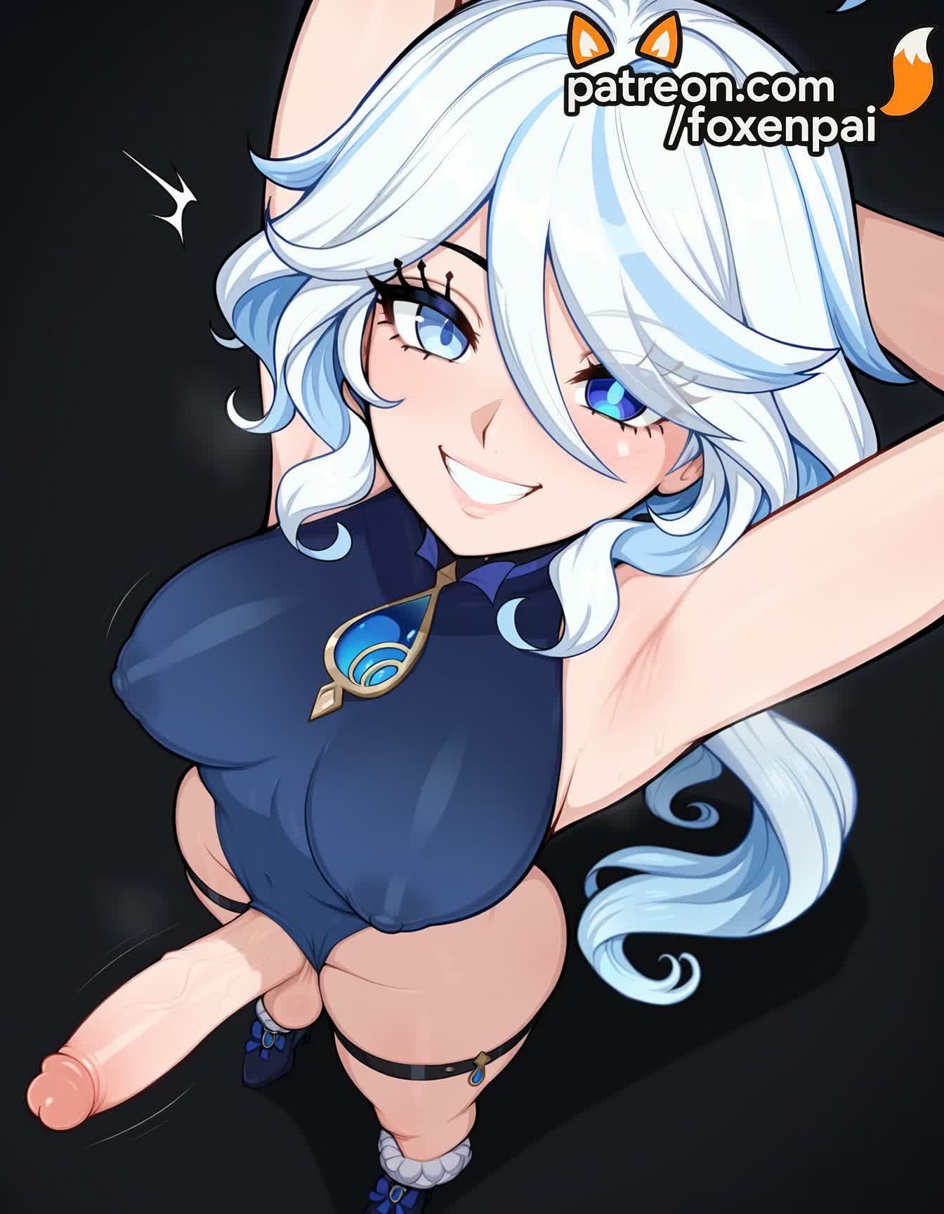 1futa, 2025, ai generated, artist name, blue eyes, breasts, bust, chest, cock, covered nipples, dick, erection, foxenpai, furina (genshin impact), futanari, genshin impact, hair between eyes, hi res, high quality, high resolution, highres, large penis, looking at viewer, patreon, patreon username, penis, precum, smile, solo, stable diffusion, testicles, trembling, uncensored, watermark, white hair
