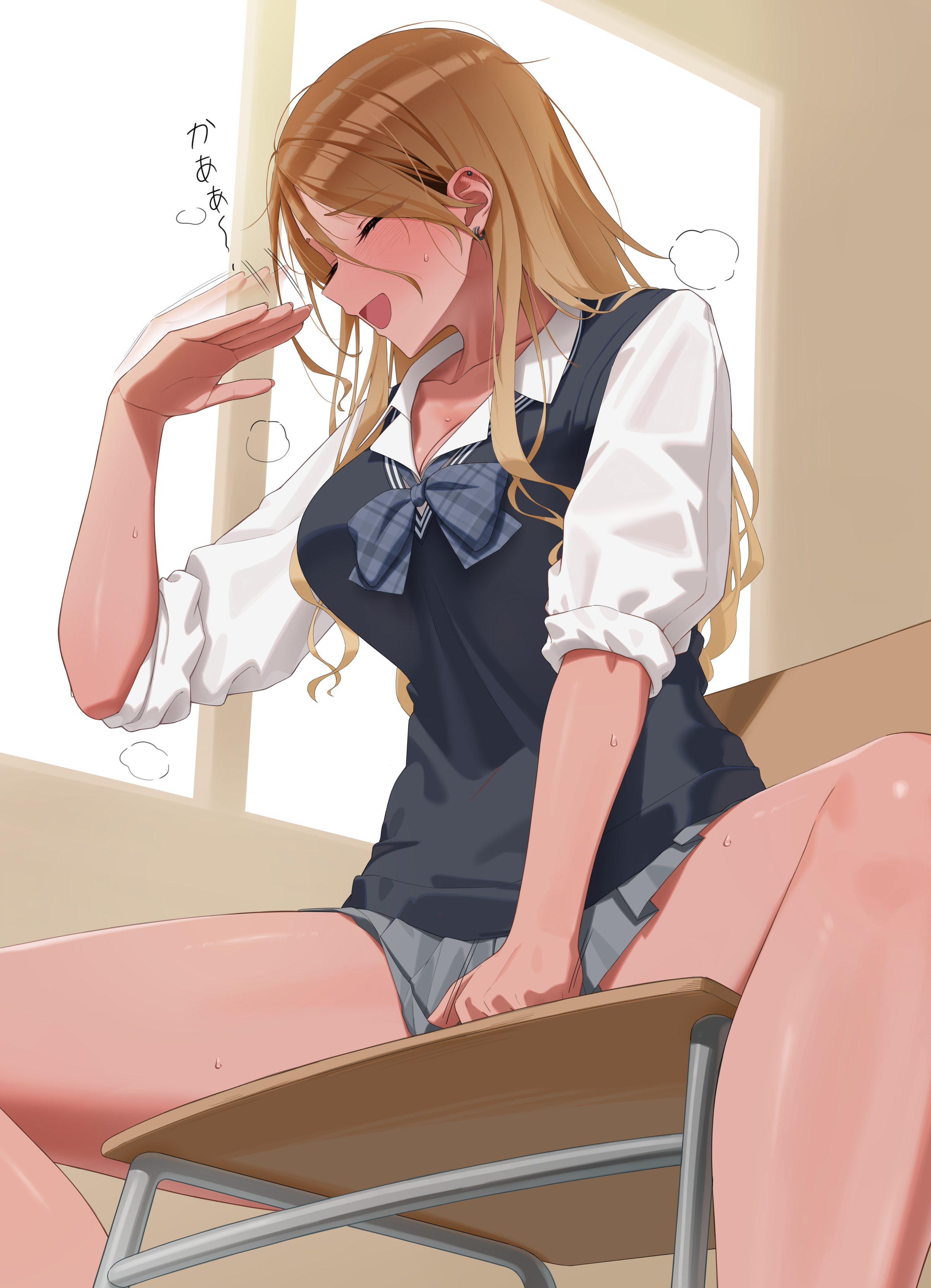^ ^, 1girls, absurdres, afterimage, bare legs, barefoot, black nails, black sweater vest, blonde hair, blush, bow, bowtie, breasts, brown hair, chair, closed eyes, collarbone, commentary request, earrings, fanning face, fanning self, fingernails, gradient hair, grey bow, grey bowtie, grey skirt, hear (kpmf4732), highres, idolmaster, idolmaster shiny colors, indoors, izumi mei, jewelry, large breasts, long hair, miniskirt, multicolored hair, nail polish, on chair, open collar, panties, pantyshot, pleated skirt, school chair, school uniform, shirt, sitting, skirt, skirt tug, smile, solo, spread legs, steaming body, straight hair, sweat, sweater vest, translation request, underwear, very long hair, white shirt