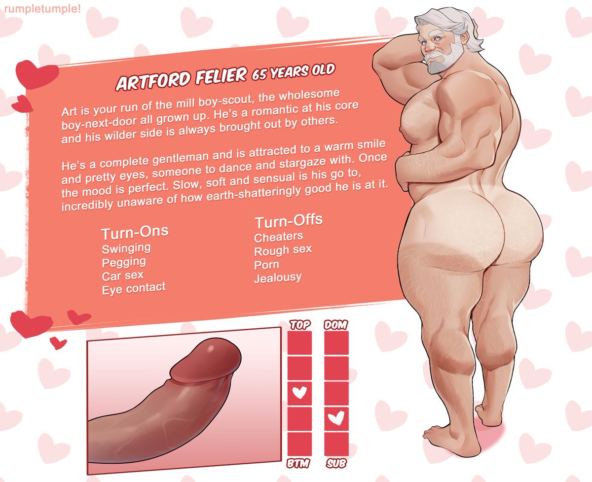 1boy, ass, bara, big ass, big butt, big cock, big dick, big penis, bubble ass, bubble butt, character profile, cock, daddy, dat ass, dat butt, dick, dilf, fat ass, fat butt, gay, gilf, grandparent, heart, heart symbol, huge ass, huge butt, huge cock, human, large ass, large butt, male, male only, nipples, oc, original character, penis, round ass, round butt, rumpletumple1, solo, tanline, thick ass, thick butt, thick cock, thick dick, thick penis, white hair