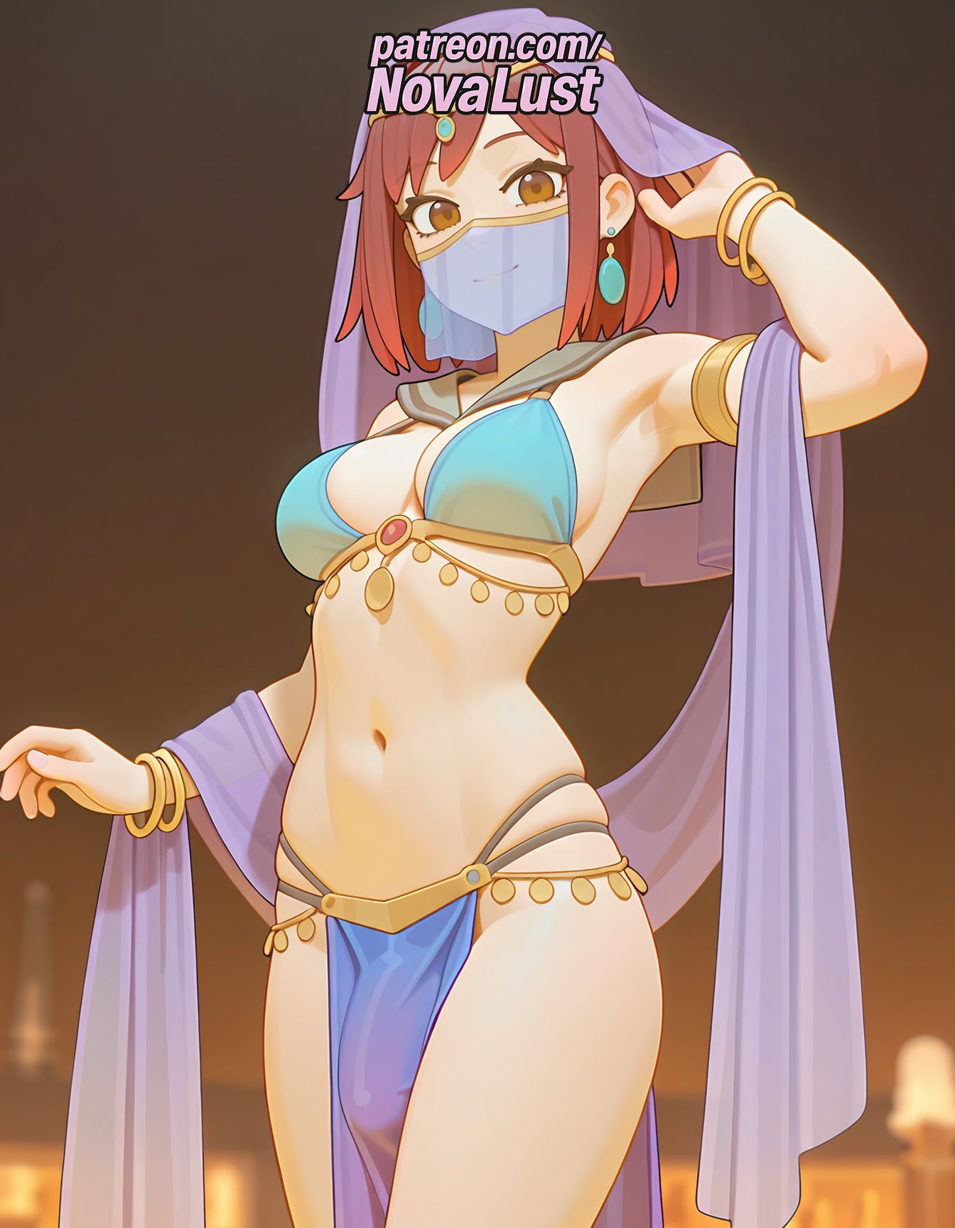 1futa, 2025, ai generated, arabian clothes, armpits, artist name, average breasts, bracelet, breasts, brown eyes, bust, chest, dancer, earrings, flcl, futanari, harem outfit, hi res, high quality, high resolution, highres, jewelry, mamimi samejima, medium breasts, mouth veil, navel, normal breasts, novalust, patreon, patreon username, pelvic curtain, short hair, solo, stable diffusion, veil, watermark