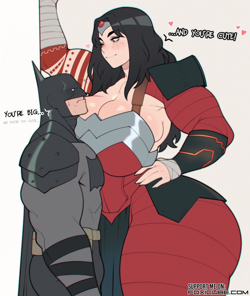 1boy, 1girls, absolute batman, absolute dc, absolute wonder woman, batman, batman (bruce wayne), batman (series), big breasts, bruce wayne, dc, dc comics, diana of themyscira, foxicube, huge ass, huge breasts, larger female, shorter male, size difference, taller female, thick thighs, wonder woman, wonder woman (series)