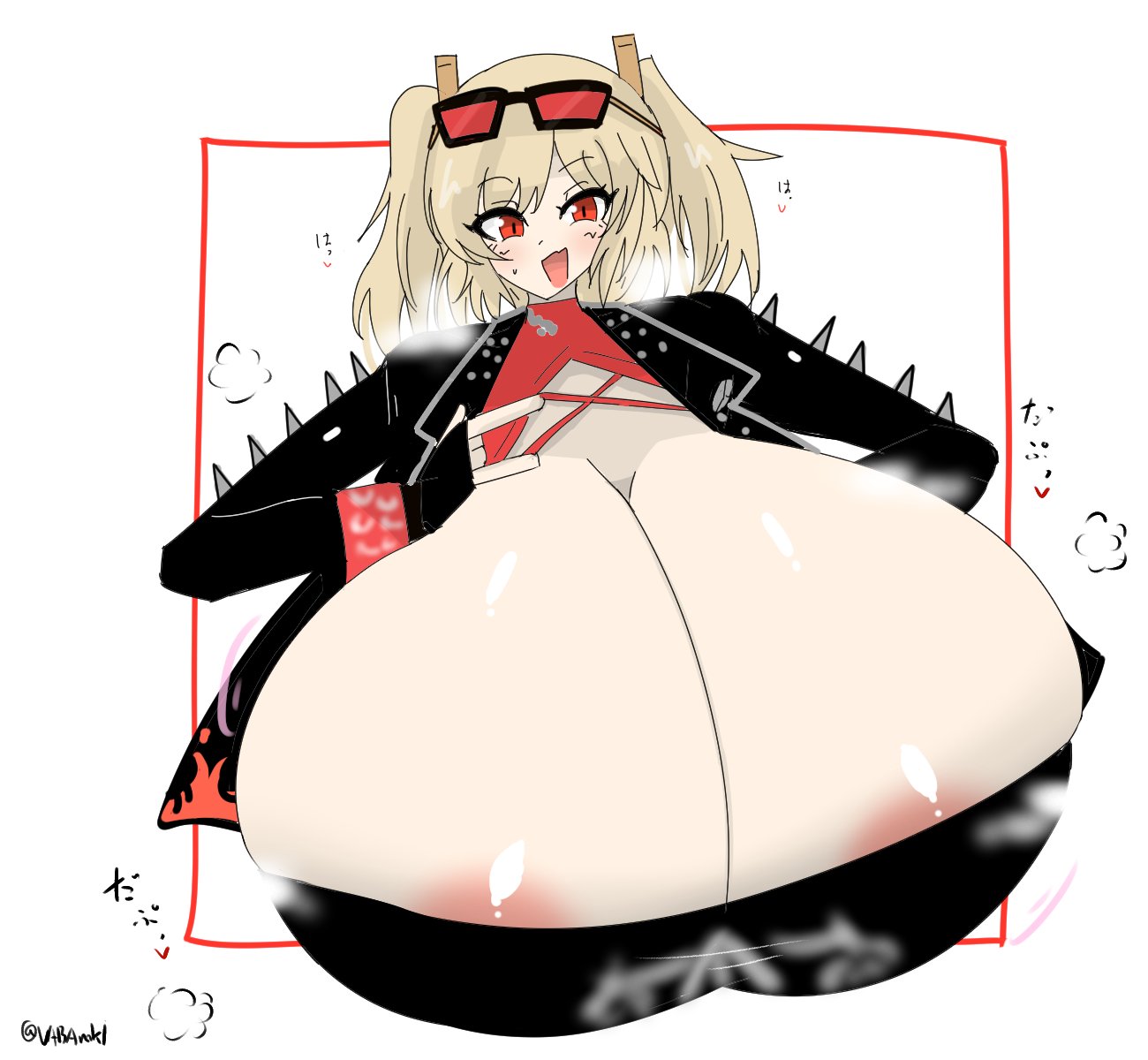 1girls, blonde hair, breasts, burnice white, eyewear on head, female, huge breasts, hyper breasts, light skin, light-skinned female, nipples, signature, upper body, vaba, voluptuous, zenless zone zero