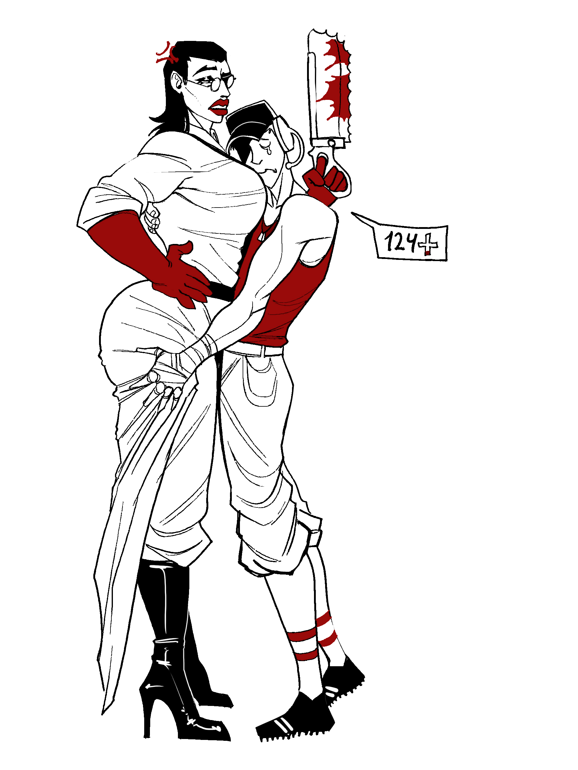 1boy1girl, 1female1male, angry expression, big ass, big breasts, blood, boalizard, boots, crying, femmedic, gloves, high heel boots, hug, medic (team fortress 2), no visible genitalia, rule 63, scout (team fortress 2), shiny boots, spot color, tagme, taller female, team fortress 2, white coat