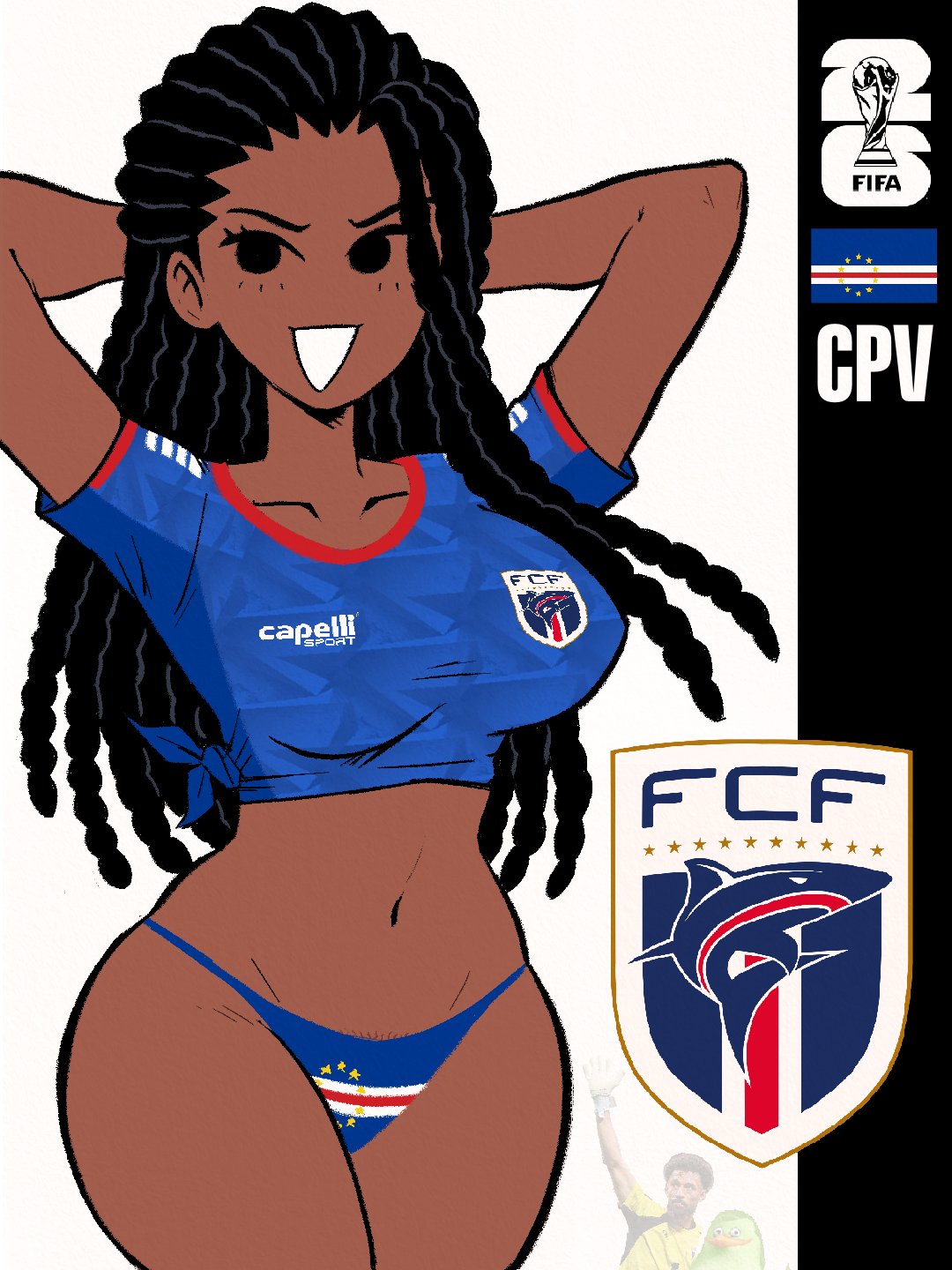1girls, 2026, african, african female, arms behind head, atomiksaico, breasts, cape verde, dark skin, dark-skinned female, dreadlocks, eyelashes, flag, flag print, football, jersey, looking at viewer, original, original character, panties, soccer, thong, world cup