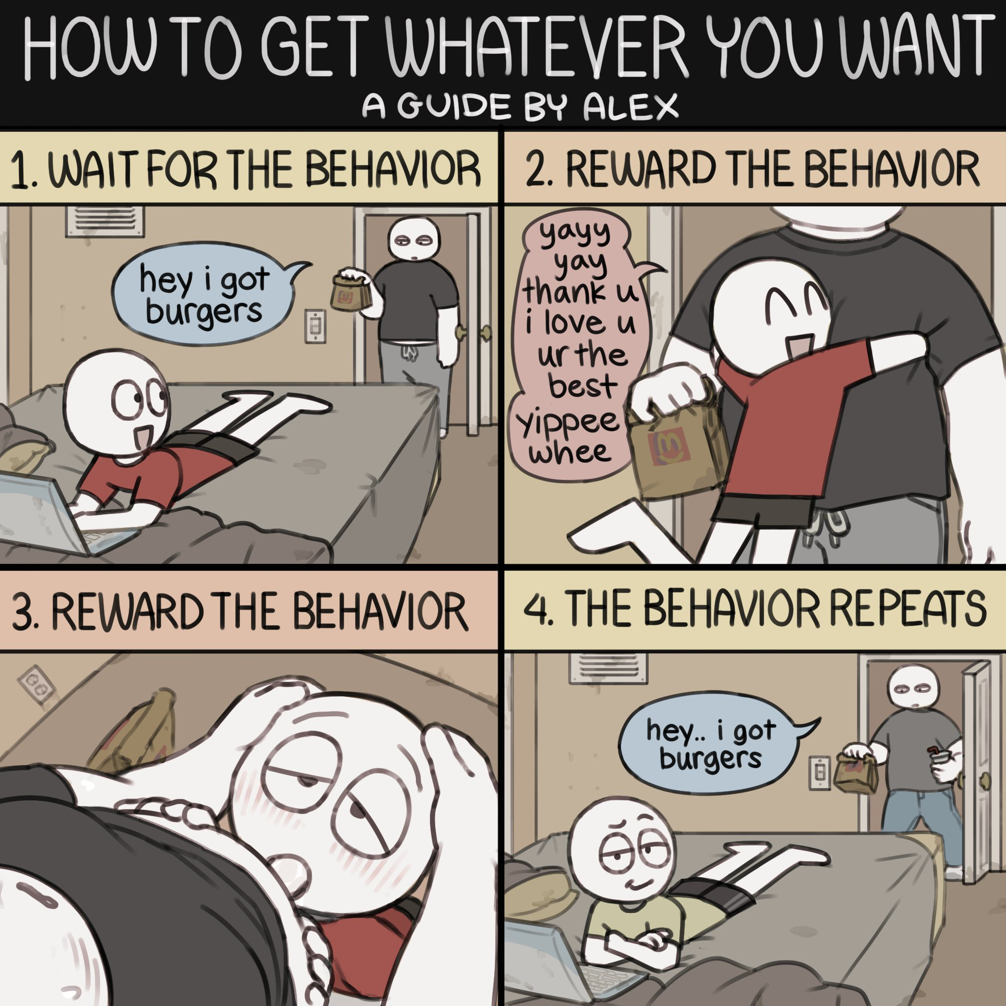 2boys, 4koma, alex (homunculus), androgynous, bbm, big guy (homunculus), blowjob, blush, comic, couple, english text, fat man, fellatio, gay, gay male, greyscale skin, height difference, homunculus100, hug, monochromatic skin, oral, reward, stickman, tall male, text, toony, yaoi