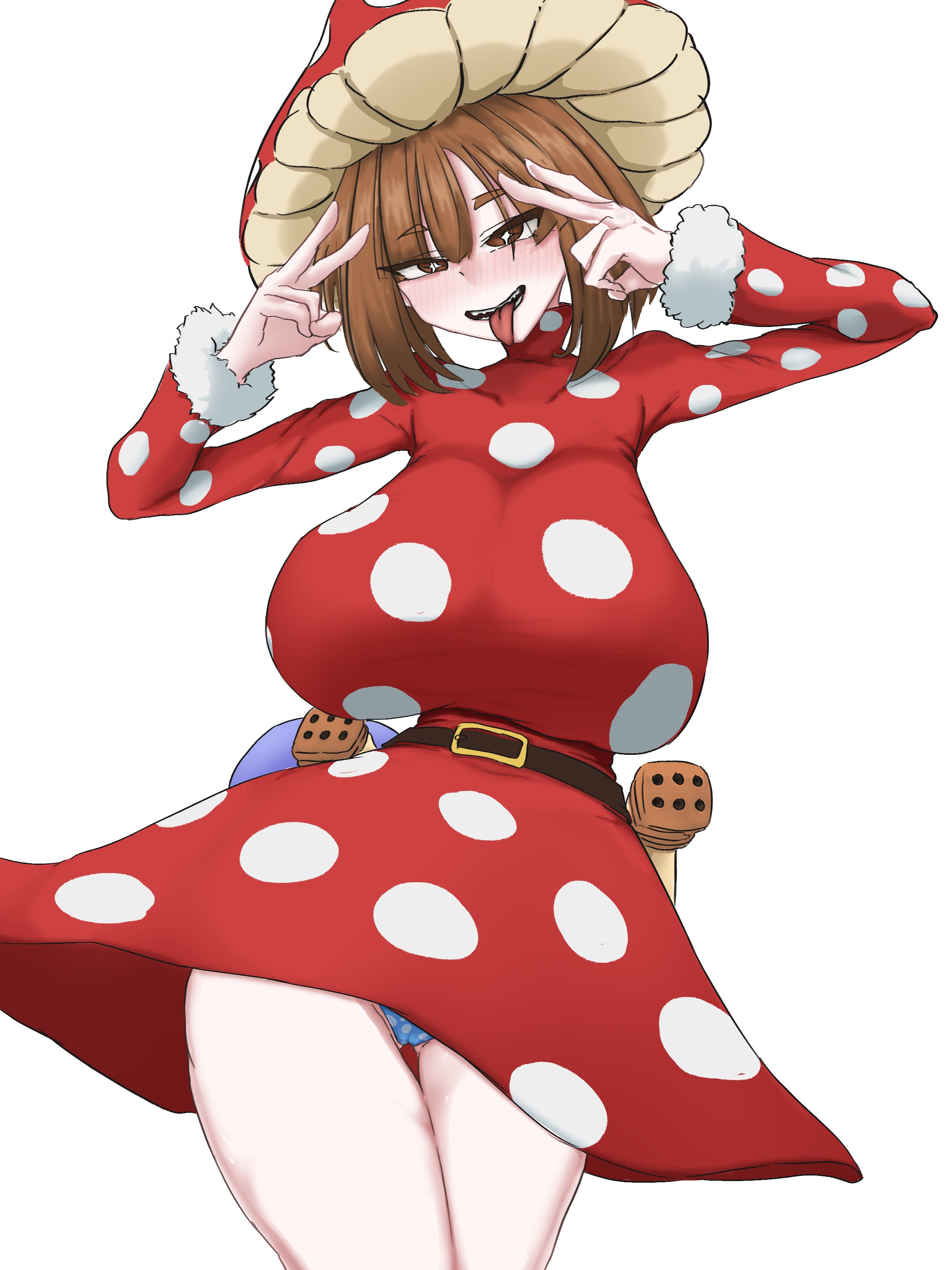 breasts bigger than head, class 1b, hero outfit (mha), huge breasts, inaccurate proportions, komori kinoko, my hero academia, natural breasts, panties, peace sign, polka dot panties, sagging breasts, thick thighs, thin neck, thin waist, tongue out, upskirt