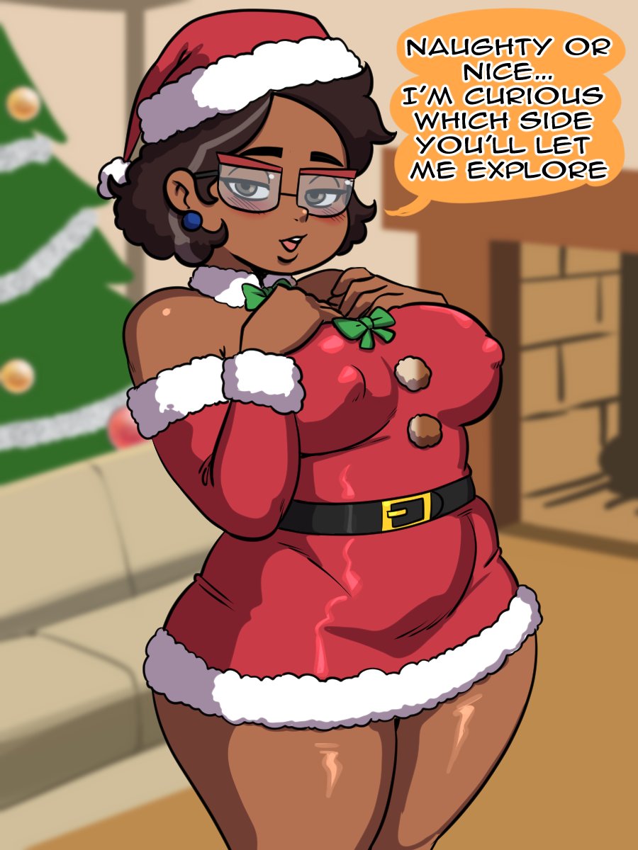 1girls, 1milf, belt, big breasts, blush, breasts, brown eyes, brown hair, camila noceda, cartoon milf, christmas, christmas clothing, christmas headwear, christmas outfit, christmas tree, darkeros13, detached sleeves, dress, ear piercing, earrings, english, english text, eyewear, female, female only, glasses, hair, half-closed eyes, hat, headwear, latina, latina female, latina milf, mature, mature female, mature woman, milf, mother, nipple bulge, santa hat, short dress, short hair, solo, solo female, speech bubble, talking to viewer, text, the owl house, the owl house (finale), thick thighs, thighs