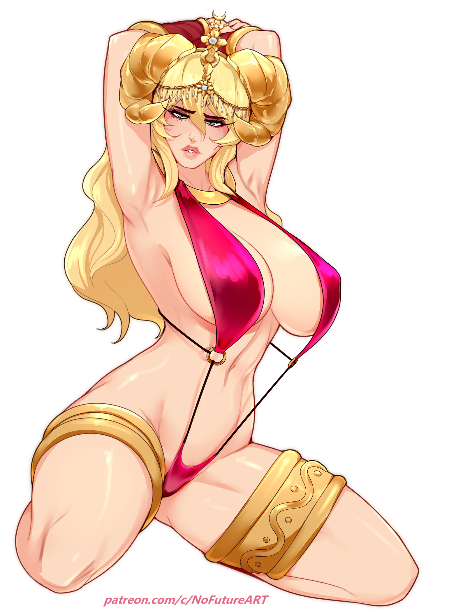 1girls, arms over head, big breasts, bikini, blonde hair, commission, curved horns, elysia (waifulover007), female, female only, hi res, horns, inner sideboob, jewelry, kneeling, long hair, looking at viewer, narrowed eyes, nofuture, o-ring, sideboob, sling bikini, solo, thick thighs, thighlet, white background