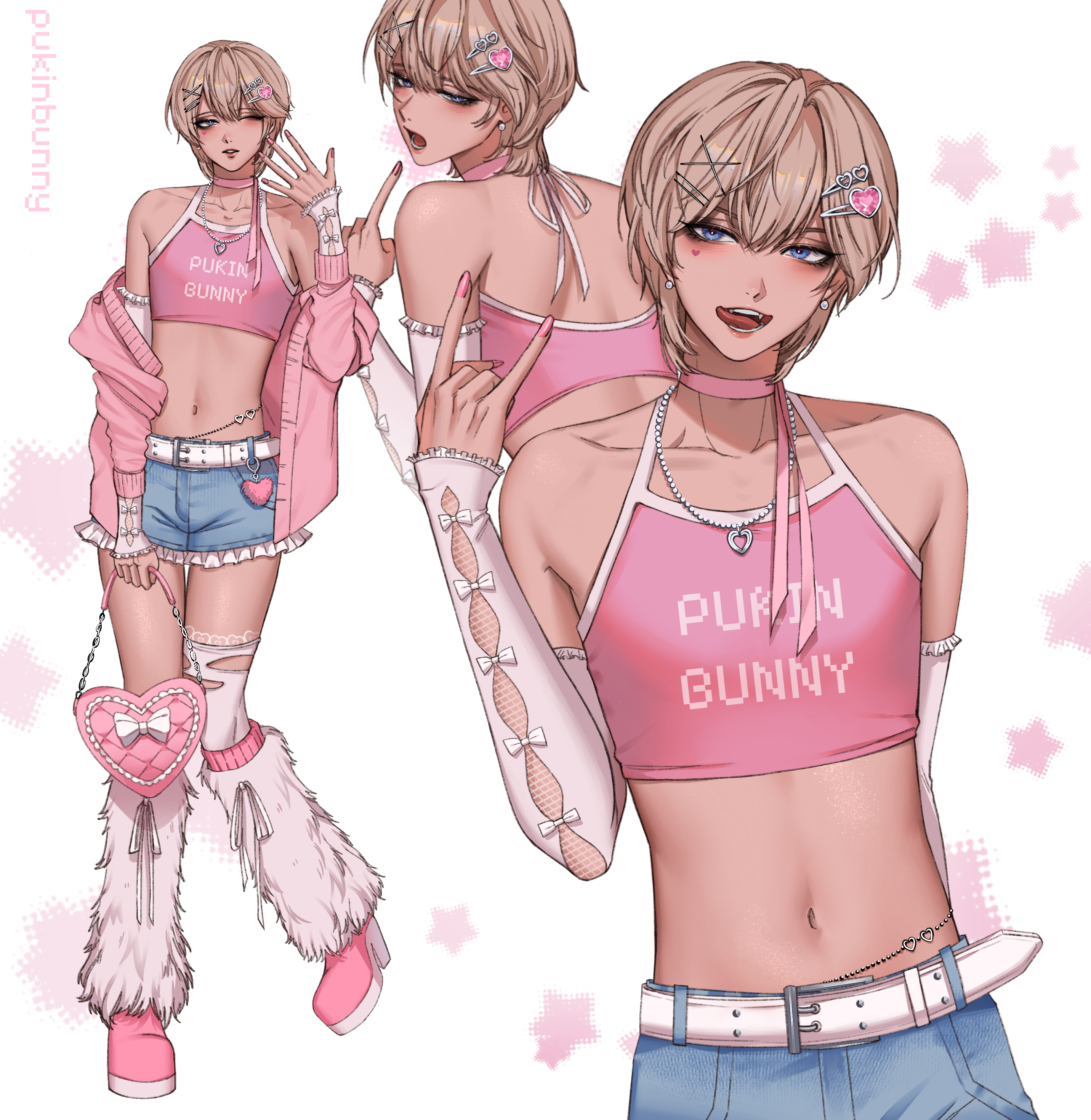 1boy, 2d, armwear, bag, bedroom eyes, blonde hair, blue eyes, boots, brat, bulge, choker, clothed, clothed male, color, crop top, crossdressing, crossdressing (mtf), devil horns (gesture), earrings, eye shadow, fanning self, femboy, femboy only, fluffy legwear, full color, hair accessory, halter top, halterneck, high heel boots, high heels, jean shorts, legwear, licking lips, male, male bitch, male only, mascara, multiple views, nail polish, navel, necklace, non-nude, original, original character, otoko no ko, pink shoes, provocative, pukinbunny, purse, short hair, short shorts, shorts, slender body, slender waist, solo, streetwear, teeth, tight clothing, tongue, tongue out, trap, waist chain, white armwear