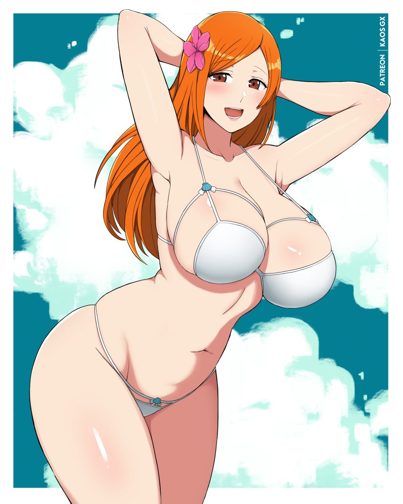 arms behind head, artist name, bare shoulders, bikini, bleach, bleach: epilogue, blush, border, breasts, brown eyes, collarbone, female, female focus, female only, flower, flower on head, hair flower, hair ornament, highres, inoue orihime, kaos art, large breasts, legs together, long hair, looking at viewer, mature female, navel, official alternate costume, open mouth, orange hair, patreon username, shiny skin, solo, solo focus, standing, stomach, swimsuit, thighs, white bikini, white border