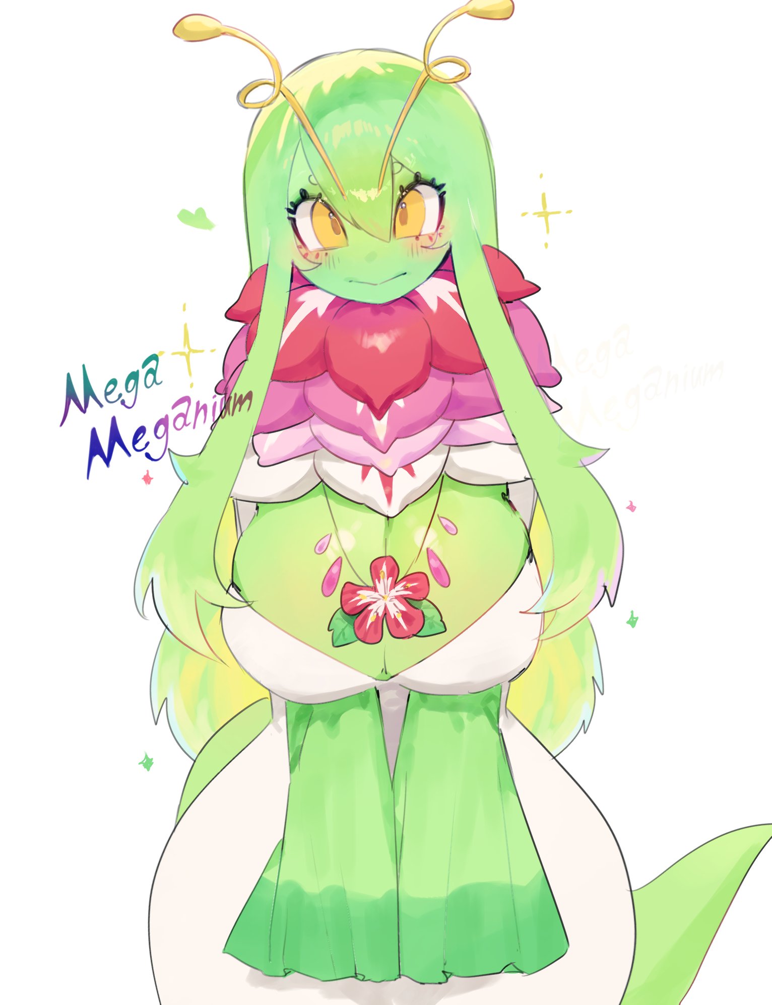 1girls, antennae (anatomy), anthro, big breasts, blush, cleavage, english text, female, female only, first porn of character, generation 9 pokemon, green hair, hi res, long hair, looking at viewer, mega evolution, mega meganium, meganium, nintendo, pokemon, pokemon (species), pokemon legends: z-a, sidelocks, solo, text, toge77789, togetoge, white background, wide hips, yellow eyes