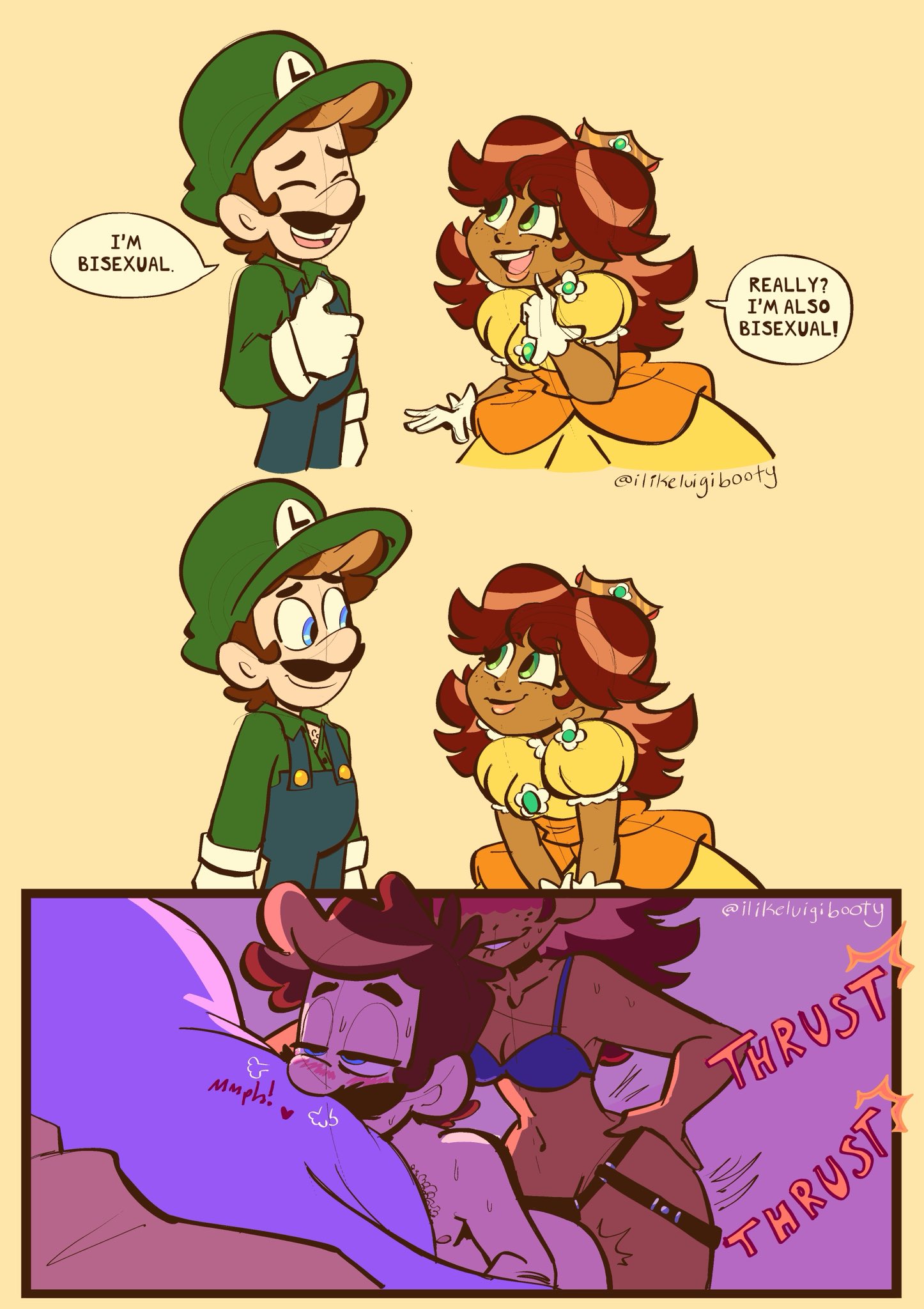 1boy, 1boy1girl, ass, bed, bedroom, bisexual, bisexual couple, bisexual female, bisexual male, blue eyes, blush, bra, brown hair, clothed, clothed female, clothed male, color, dildo, duo, female, from behind, green eyes, ilikeluigibooty, love, luigi, male, mario (series), nintendo, nude male, onomatopoeia, panties, partially nude female, pegging, penetration, pillow, plumber, princess, princess daisy, sex, sex toy, straight, strap-on, strapon, tagme, underwear
