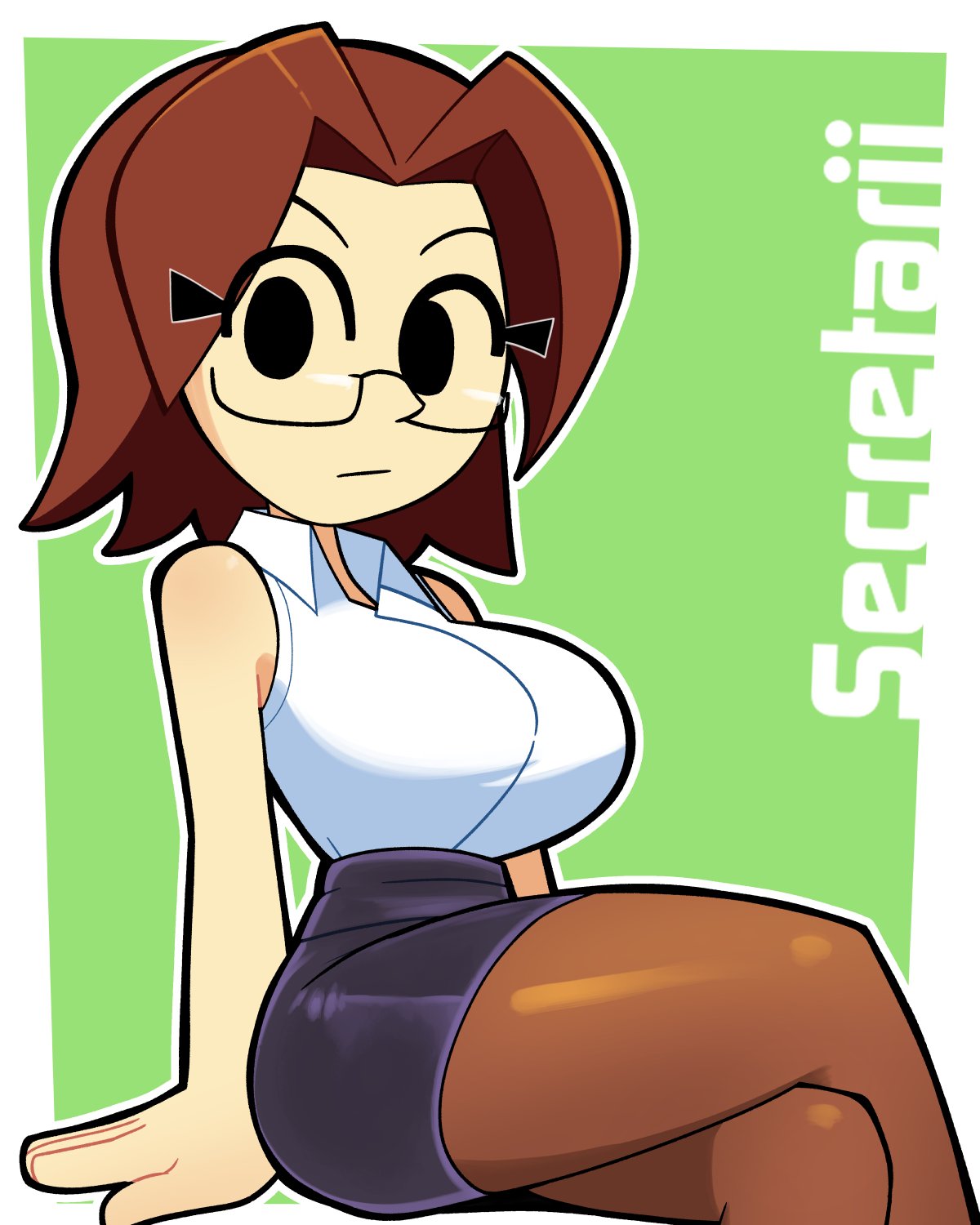 1girls, black eyes, black skirt, black-framed eyewear, breasts, brown hair, brown pantyhose, character name, closed mouth, clothing, collared shirt, crossed legs, expressionless, eyewear, feet out of frame, female, glasses, green background, high-waist skirt, invisible chair, large breasts, looking at viewer, medium hair, mii, mii gunner, mii gunner (smash 4), miniskirt, nintendo, office lady, pantyhose, parted bangs, pencil skirt, rectangular eyewear, scott falco, scottfalco (artist), secretary, shirt, shirt tucked in, short hair, simple background, sitting, skirt, sleeveless, sleeveless shirt, solo, super smash bros., white border, white outline, white shirt