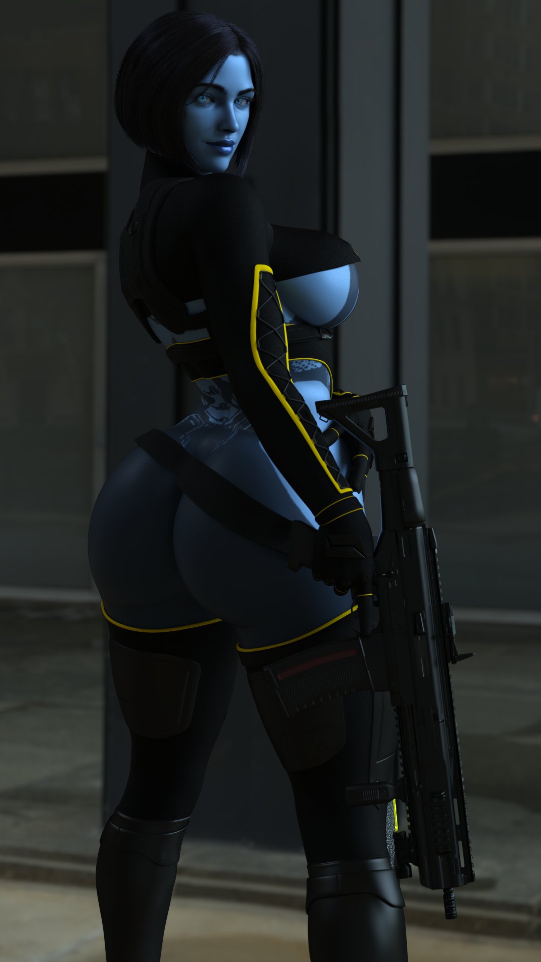 3d, 3d (artwork), ass, big ass, big breasts, big butt, blender, blender (software), blue body, blue skin, bob cut, breasts, cortana, gun, halo (series), holding weapon, looking at viewer, looking back, looking back at viewer, science fiction, skittym, tactical gear, thigh highs, thighhighs, underboob, video game character