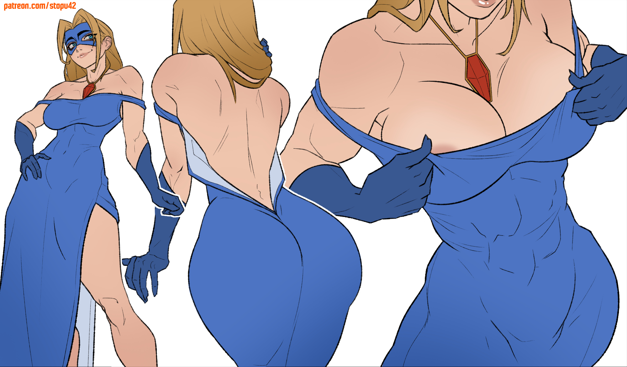 areola slip, ass, bare back, bare shoulders, blonde blazer, blonde hair, blue eyes, blue gloves, blue mask, breasts, cleavage, closed mouth, clothes pull, collarbone, covered abs, covered navel, cowboy shot, dispatch (game), dress pull, elbow gloves, eye mask, feet out of frame, female, from behind, gem, gloves, hand on own hip, highres, jewelry, large breasts, leaning forward, lips, long hair, looking to the side, mask, muscular, muscular female, necklace, nose, outline, red gem, sidelocks, simple background, smile, stopu, white background, white outline