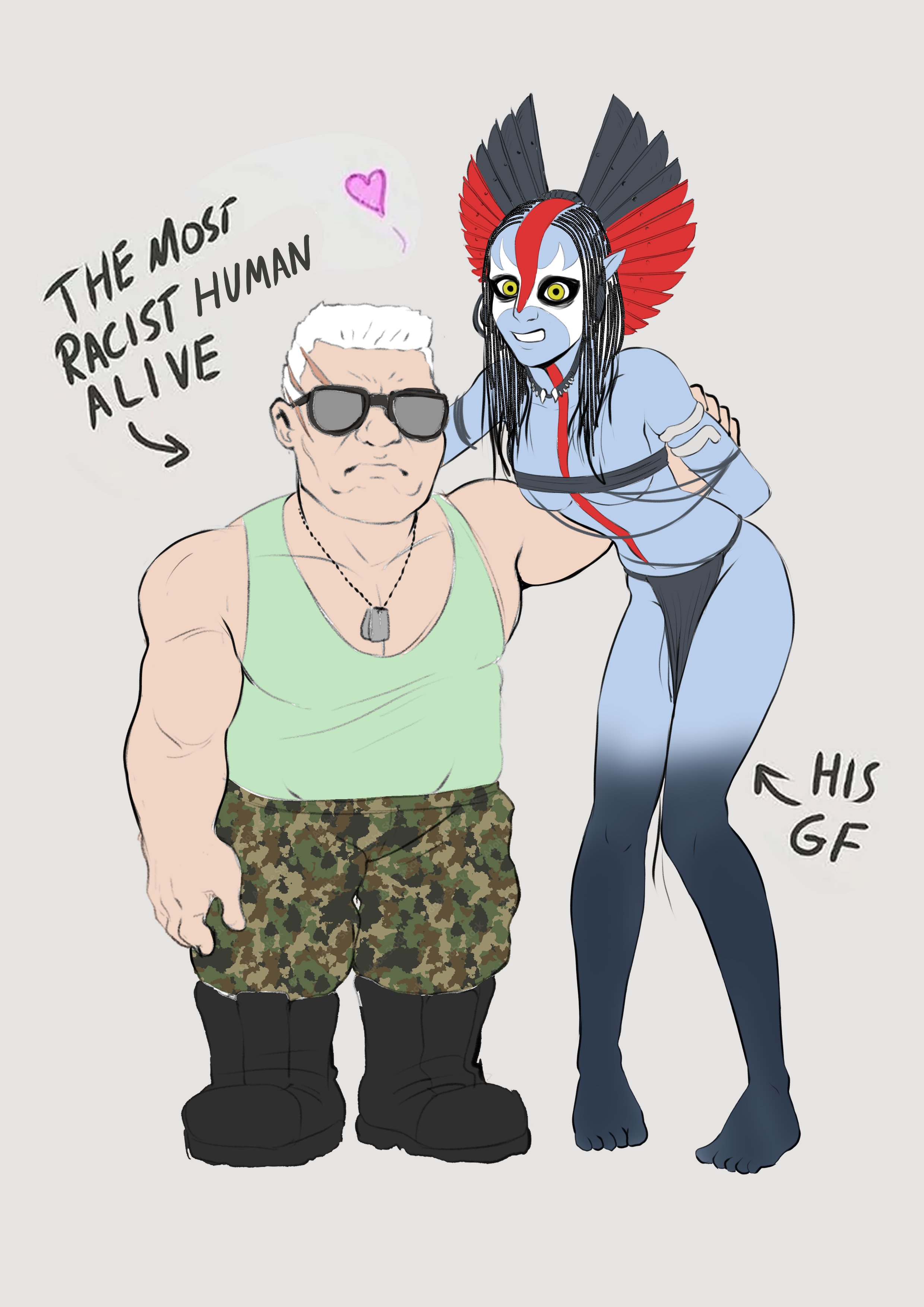1boy, 1girls, 2025, 2d, alien, alien girl, avatar, avatar: fire and ash, barefoot, blue body, blue skin, breasts, colonel miles quaritch, english text, female, femsub, flat colors, human, human dominating, human dominating humanoid, human is better, humanoid, larger female, loincloth, male, maledom, meme, na'vi, size difference, smaller male, tagme, taller female, text, thuarts, tribal, varang, yellow eyes