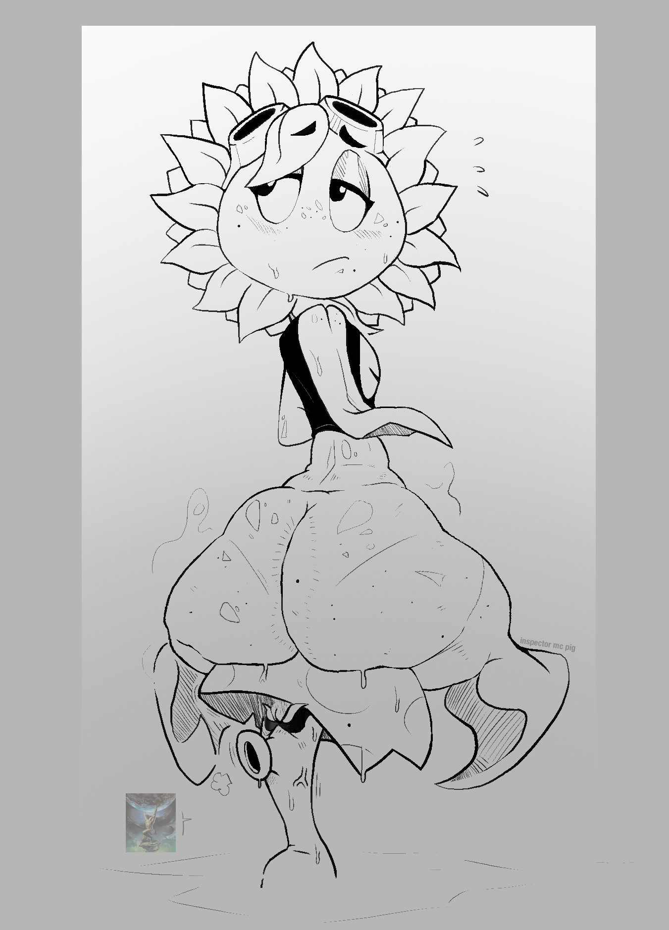 1girls, anthro, anthrofied, ass, atlas, breasts, female, flora fauna, inspectormcpig, larger female, musk, plant, plant girl, plant humanoid, plantie, plants vs zombies, plants vs. zombies, popcap games, pussy, scaredy-shroom (pvz), sitting, sitting on person, solar flare (pvz), sunflower (pvz), sweat, sweatdrop, sweating, sweaty