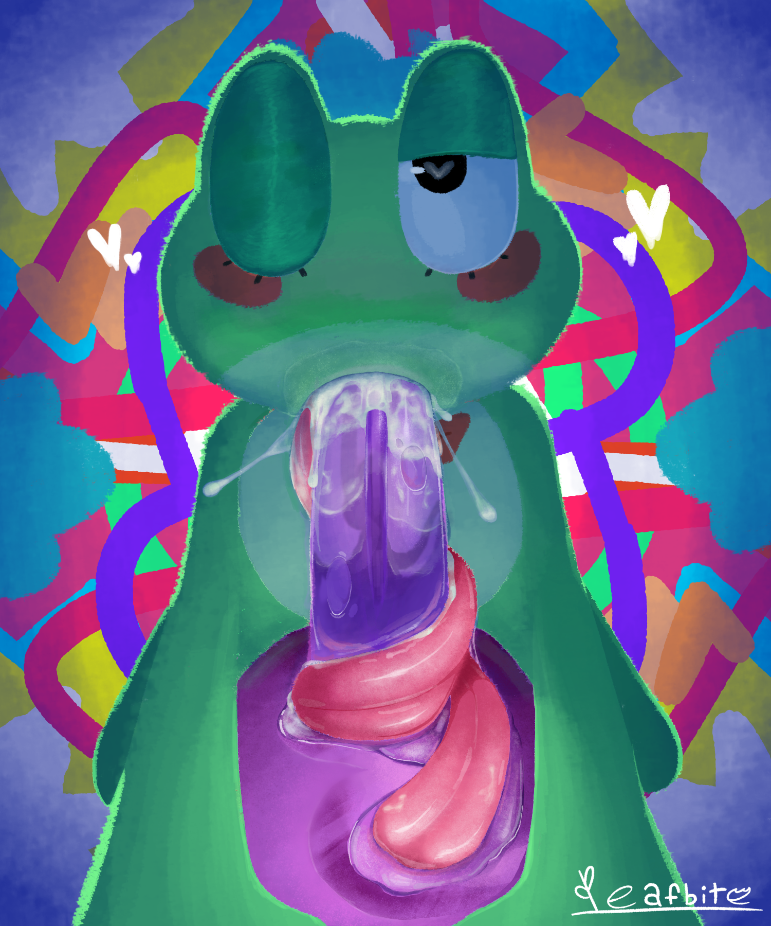 1boy, 1girls, 2025, 2d, 2d (artwork), amphibian, anthro, big eyes, big penis, blush, cum, cum heart, cum in mouth, cum on penis, cumshot, dominant female, frog, giving head, glitch productions, gooseworx, green skin, hallucination, heart, heart symbol, heart-shaped pupils, jax (tadc), jax (the amazing digital circus), leafbite, long tongue, looking at viewer, no nipples, one eye closed, oral, pov, pov eye contact, purple skin, red cheeks, ribbit (tadc), ribbit (the amazing digital circus), saliva, self upload, straight, tadc, text, the amazing digital circus, tongue around penis, tonguejob, watermark, wet, wet penis, wet skin