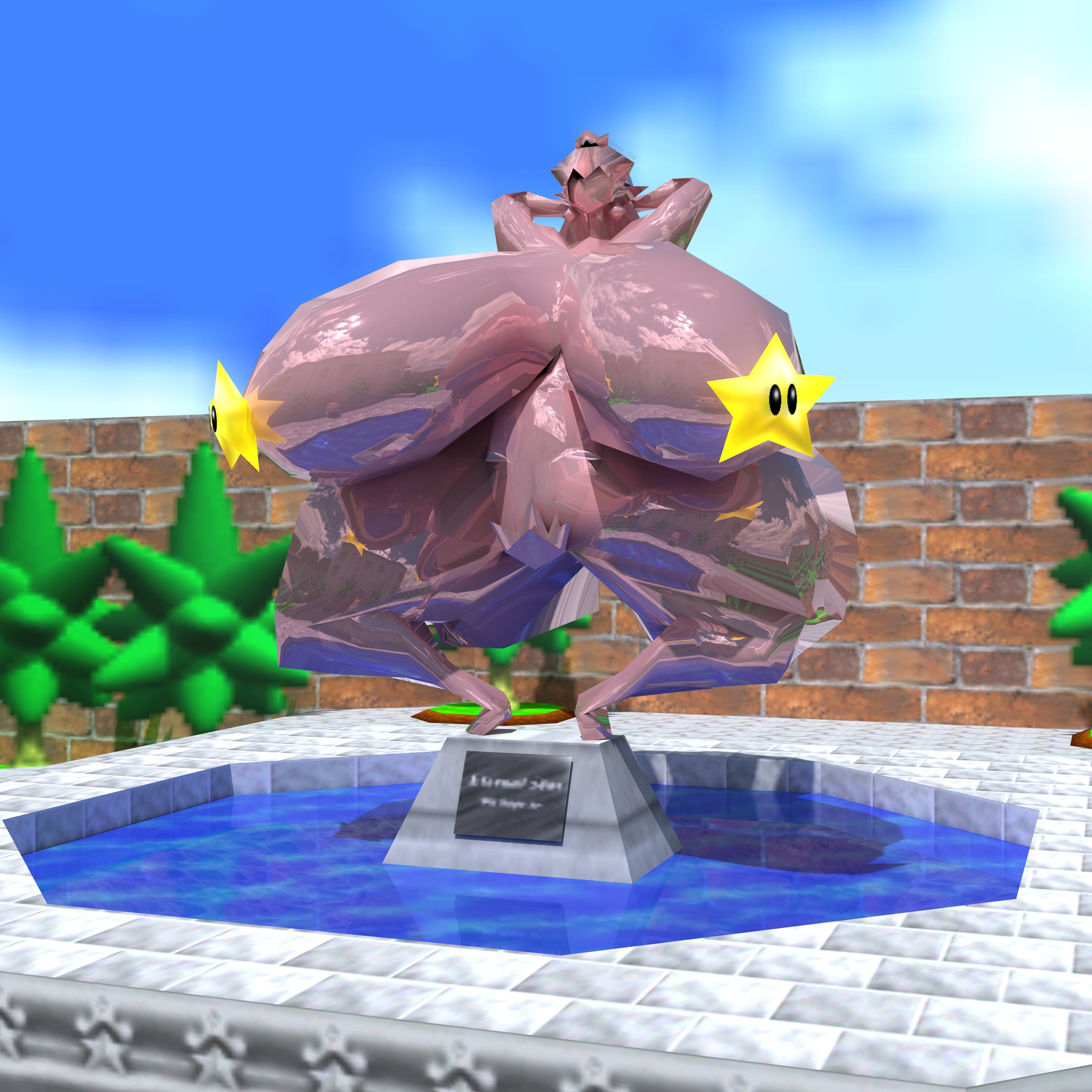 1girls, adri164, arms behind head, crown, curvaceous, curvaceous female, fountain, hyper, hyper breasts, l is real 2401, low poly peach, mario (series), massive breasts, massive thighs, metallic, metallic body, naked, nintendo, nintendo 64, pink gold peach, pink metal, power up, princess peach, princess peach (cyanu), pubic hair, shiny, shiny breasts, shiny butt, shiny skin, shiny thighs, star, star (mario bros), statue, statuefication, super mario 64, tall female, video games, voluptuous, voluptuous female