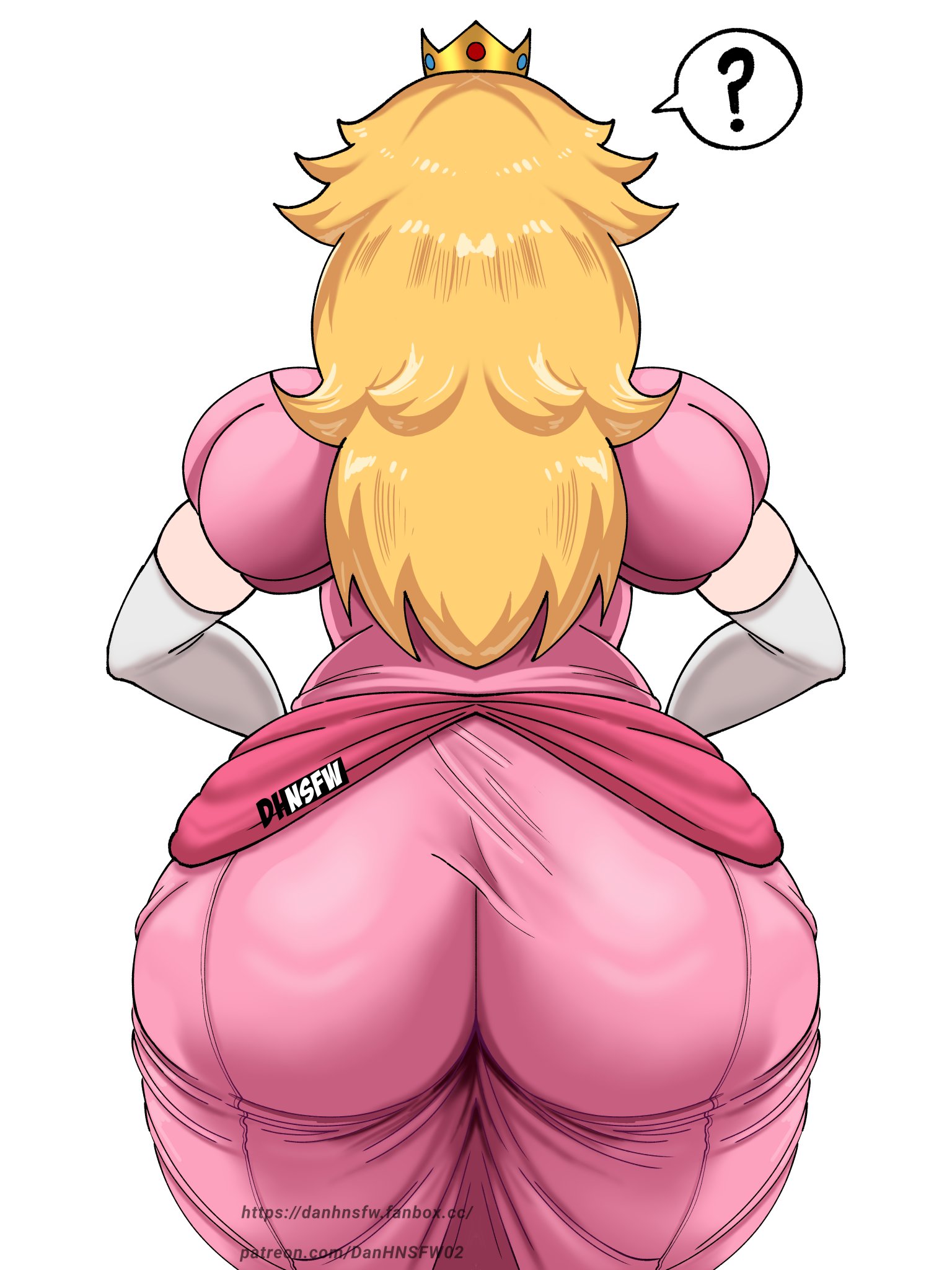 ?, 1girls, ass, backboob, bbw, big ass, big breasts, blonde hair, crown, curvy, danhnsfw, dress, earrings, elbow gloves, facing away, female, female only, from behind, gloves, hands on hips, huge ass, jewelry, light skin, light-skinned female, long hair, mario (series), nintendo, pantylines, pink dress, princess peach, short sleeves, solo, spoken question mark, thick thighs, thighs, white gloves