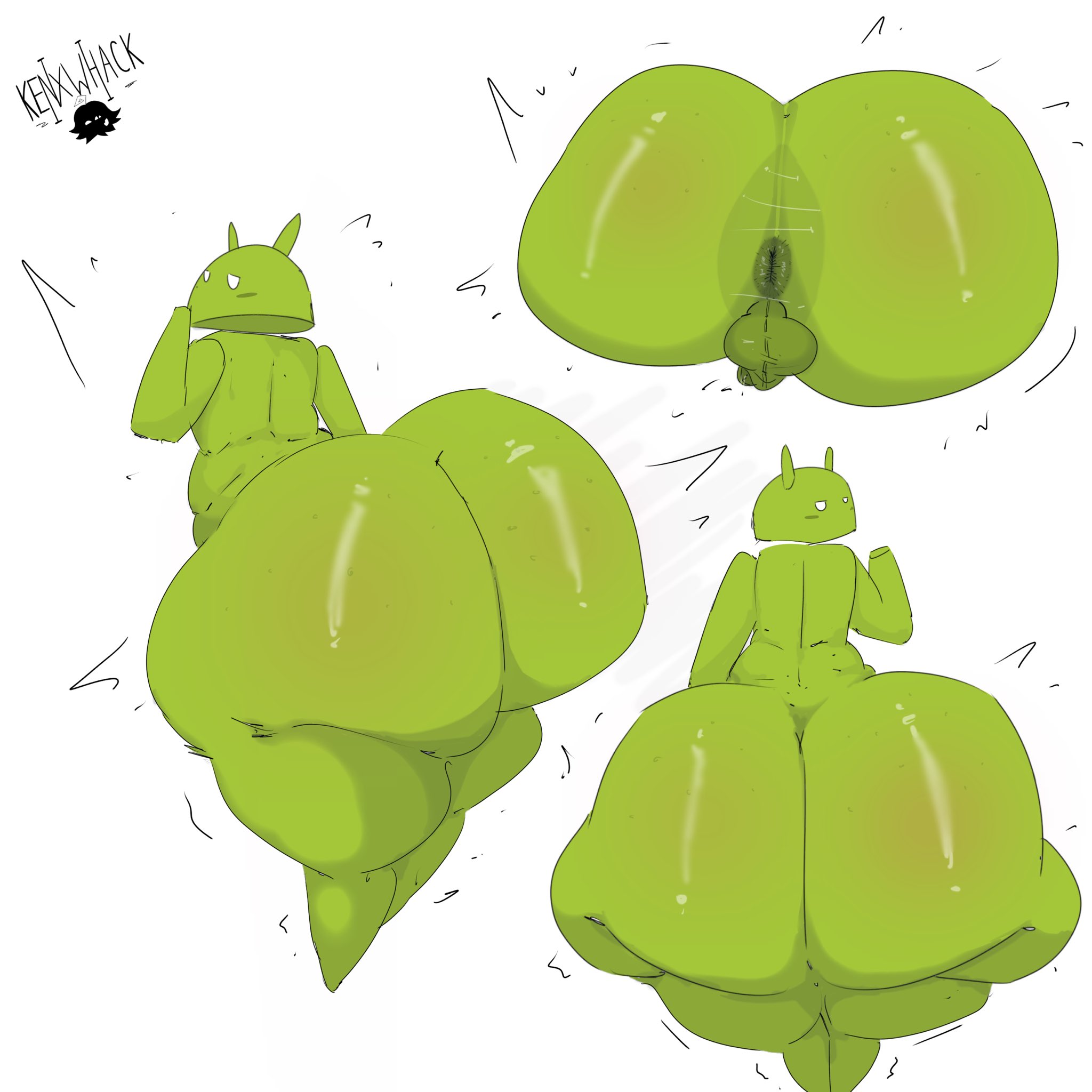 1boy, android, android (os), anus, artist name, ass, asshole, balls, ballsack, big ass, big booty, big butt, bottom heavy, bubble ass, bubble butt, bugdroid, butt crack, buttcheeks, femboy, femboy only, green body, huge ass, huge booty, huge butt, kenxwhack, male, male only, pose, shiny skin, solo, square butt, thick ass, thick butt, thick thighs