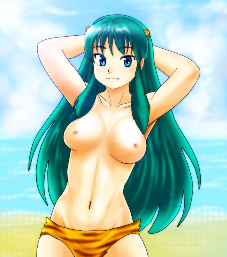 1girls 2009 breasts female green_hair horns humanoid kanai_makoto_(kanaman7) large_breasts light-skinned_female light_skin long_hair looking_at_viewer lum nipples oni panties princess solo tagme tiger_print urusei_yatsura