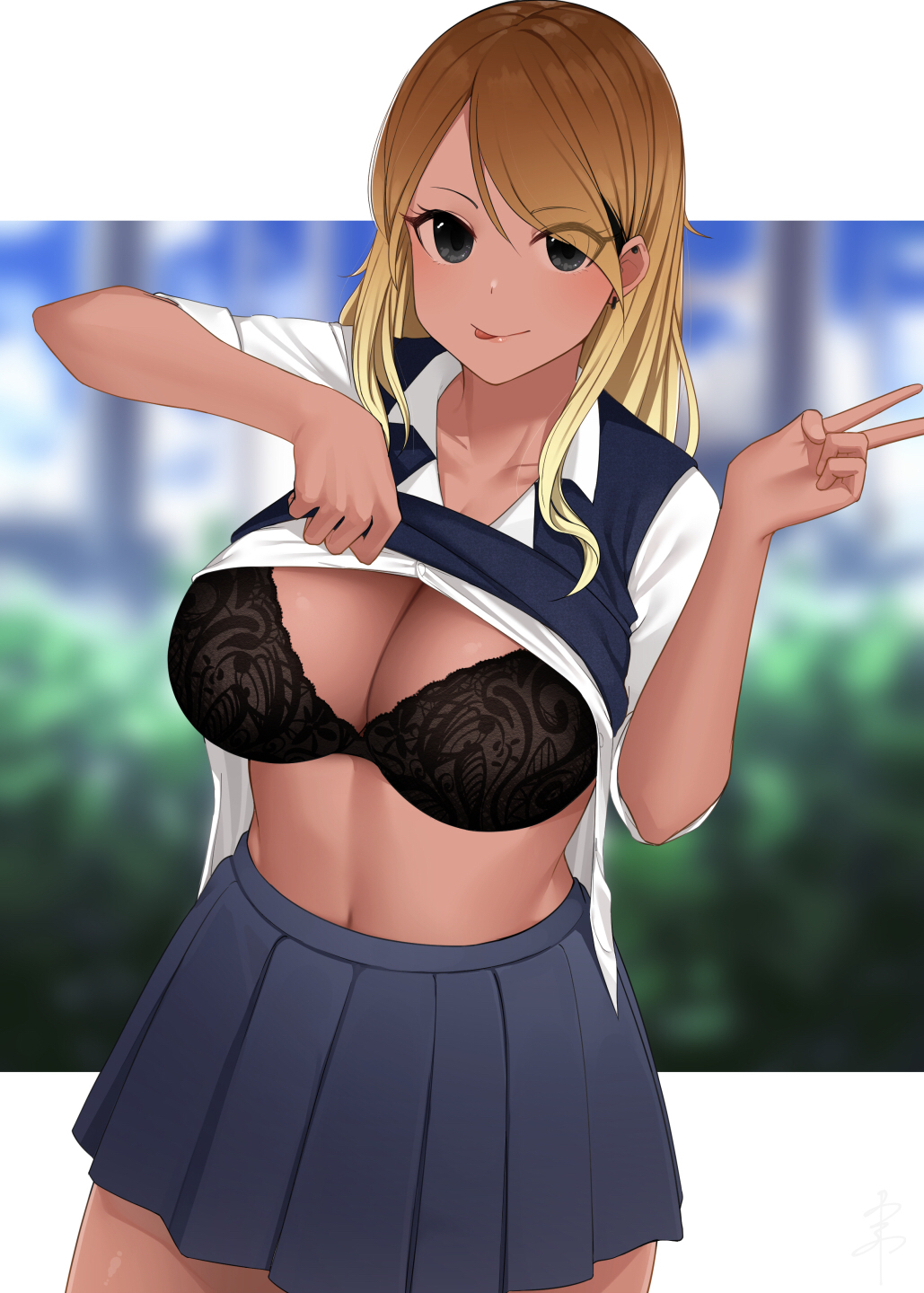 1girls, beautiful girl, black bra, black eyes, blonde hair, blue skirt, blue vest, blurry, blurry background, blush, bra, breasts, brown hair, cleavage, closed mouth, clothes lift, collarbone, collared shirt, dark skin, dark-skinned female, female focus, flashing bra, good end, gradient hair, gyaru, hand gesture, high-waist skirt, highres, idolmaster, idolmaster shiny colors, izumi mei, large breasts, lifting own clothes, long hair, looking at viewer, miniskirt, multicolored hair, navel, pleated skirt, senju (snz0), shirt, shirt lift, short skirt, short sleeves, skirt, smile, solo, sweater vest, tongue, tongue out, underwear, v, vest, white shirt, wholesome