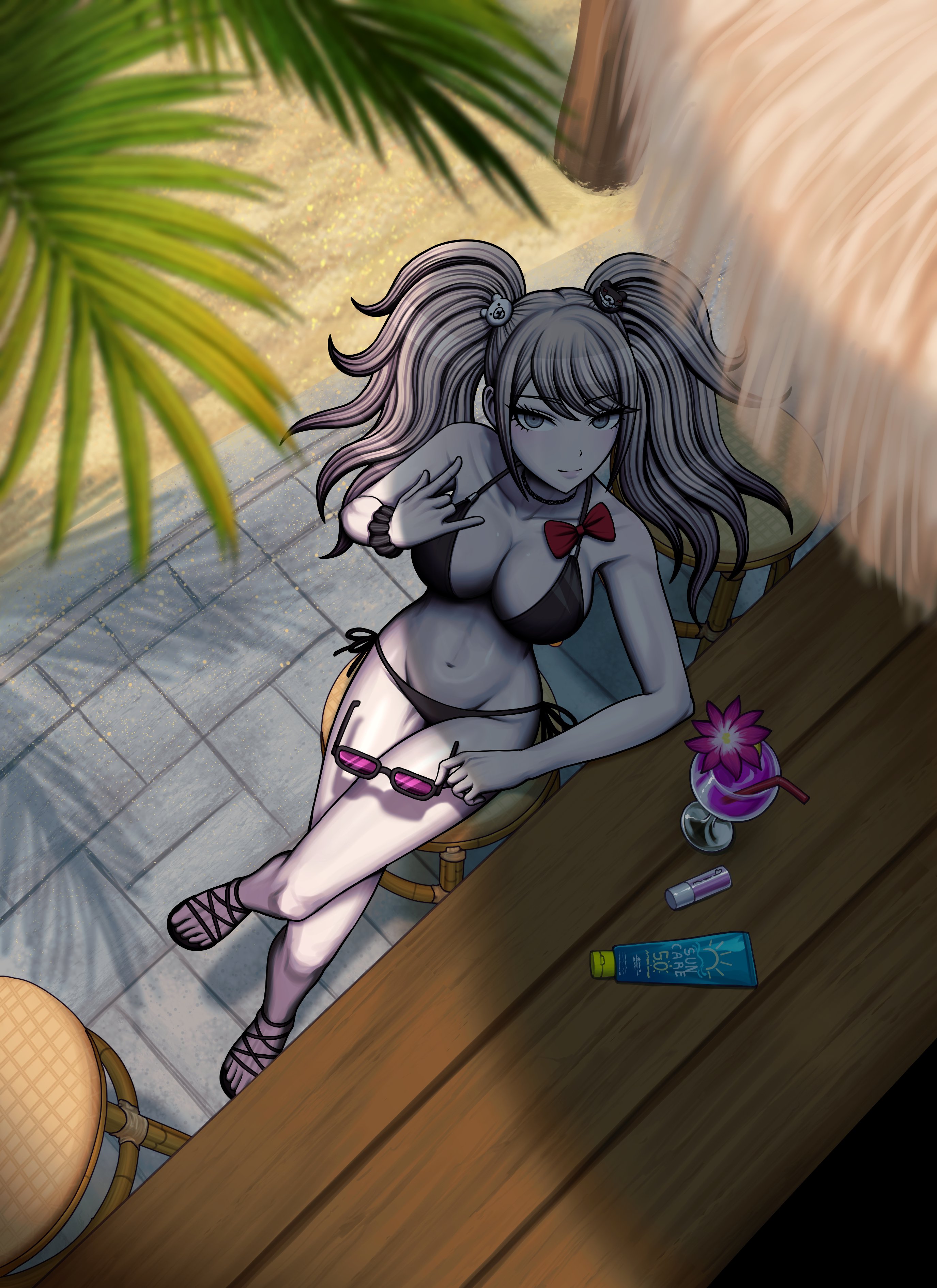 1girls, absurdres, accurate art style, bear hair ornament, bikini, blonde hair, blue eyes, bow, bowtie, breasts, choker, cleavage, crossed legs, danganronpa, drink, female, female focus, female only, flip flops, from above, full body, fulltimeangel13, hair ornament, highres, junko enoshima, large breasts, long hair, looking at viewer, navel, pigtails, pink hair, sandals, sandlas, sitting, solo, sunglasses, swimsuit, toes, twintails