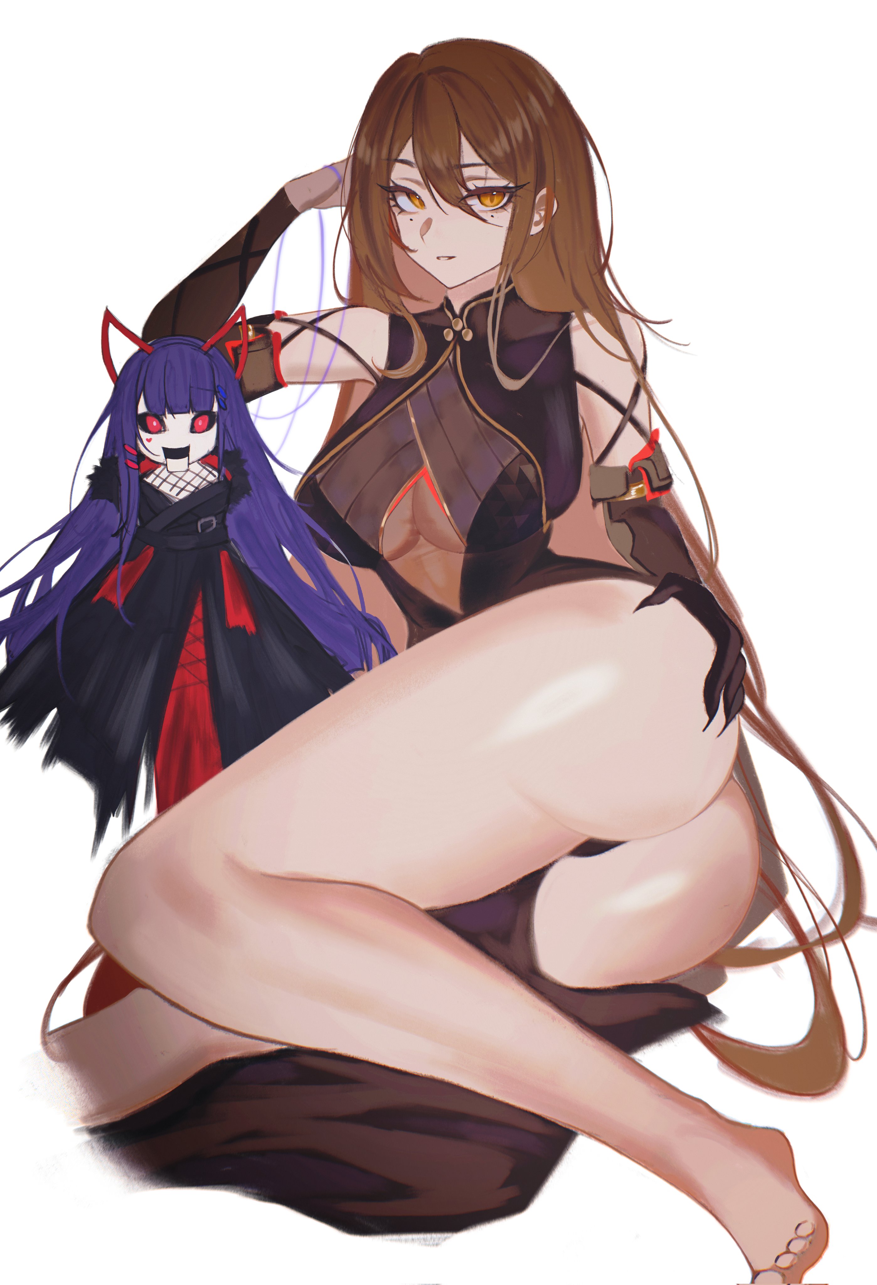 1girls, akuma nihmune, alternate outfit, armwear, ass, ass bigger than head, ass focus, ass grab, bare legs, bare shoulders, bare thighs, big ass, bored expression, breasts, brown hair, claws, cosplay, curvy, curvy female, dress, emotionless, female, female only, fishnets, fur, gold eyes, hips, hips wider than shoulders, horns, leg muscles, leotard, long hair, long nails, mina aoyama, mole, mole under eye, mommy, puppet, purple hair, queen, red eyes, red horns, s7nsles, showing off, simple background, solo, strap sisters, strong legs, thick thighs, thighs, thread, underboob, villainess, wuthering waves, yinlin (wuthering waves)