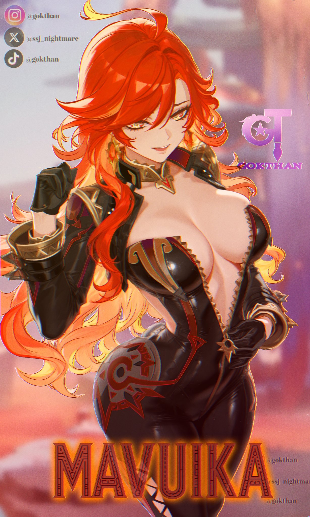 1girls, big ass, big breasts, biker clothes, bodysuit, breasts, digital drawing (artwork), female, genshin impact, gokthan, gokthan (artist), hoyoverse, mavuika (genshin impact), natlan girls, red hair, shaped pupils, solo female, thick, thick thighs, undressing, yellow eyes