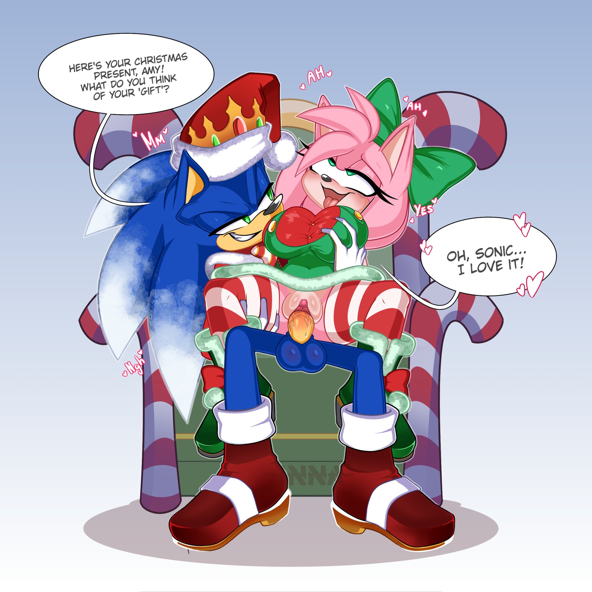 1boy, 1girls, amy rose, anthro, anthro female, anthro male, anthro on anthro, balls, big breasts, blue balls, blue fur, blush, boots, bow, breast grab, breast grab during sex, breasts, busty, cand1tty, chair, christmas, christmas clothing, christmas hat, christmas outfit, clothed, clothed female, clothed male, clothed sex, clothing, cock, dialogue, dick, english dialogue, english text, erection, eulipotyphlan, female, fur, genitals, grabbing, grabbing another's breast, green eyes, hedgehog, holidays, huge breasts, jingle belle amy, large breasts, male, male/female, mammal, on lap, open mouth, partially clothed, penetration, penis, penis in pussy, pink fur, pussy, reverse cowgirl position, santa costume, santa hat, sega, sex, shirt, sitting, sitting on chair, sitting on lap, sitting on person, snow on head, snowdrift sonic, sonic (series), sonic the hedgehog, sonic the hedgehog (series), speech bubble, straight, straight sex, striped legwear, striped thighhighs, text, thighhighs, tongue, tongue out, vagina, vaginal penetration, vaginal sex