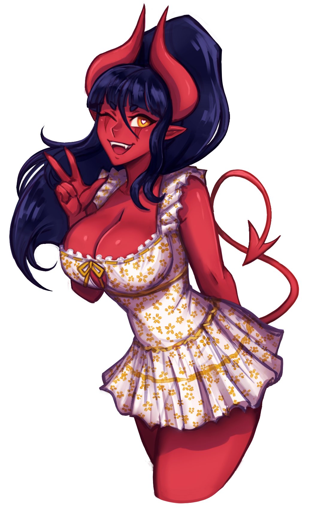apron, black hair, cleavage, demon, demon girl, demon horns, demon tail, iahfy, large breasts, red skin, succubus, synth (iahfy), thick, wink, yellow eyes