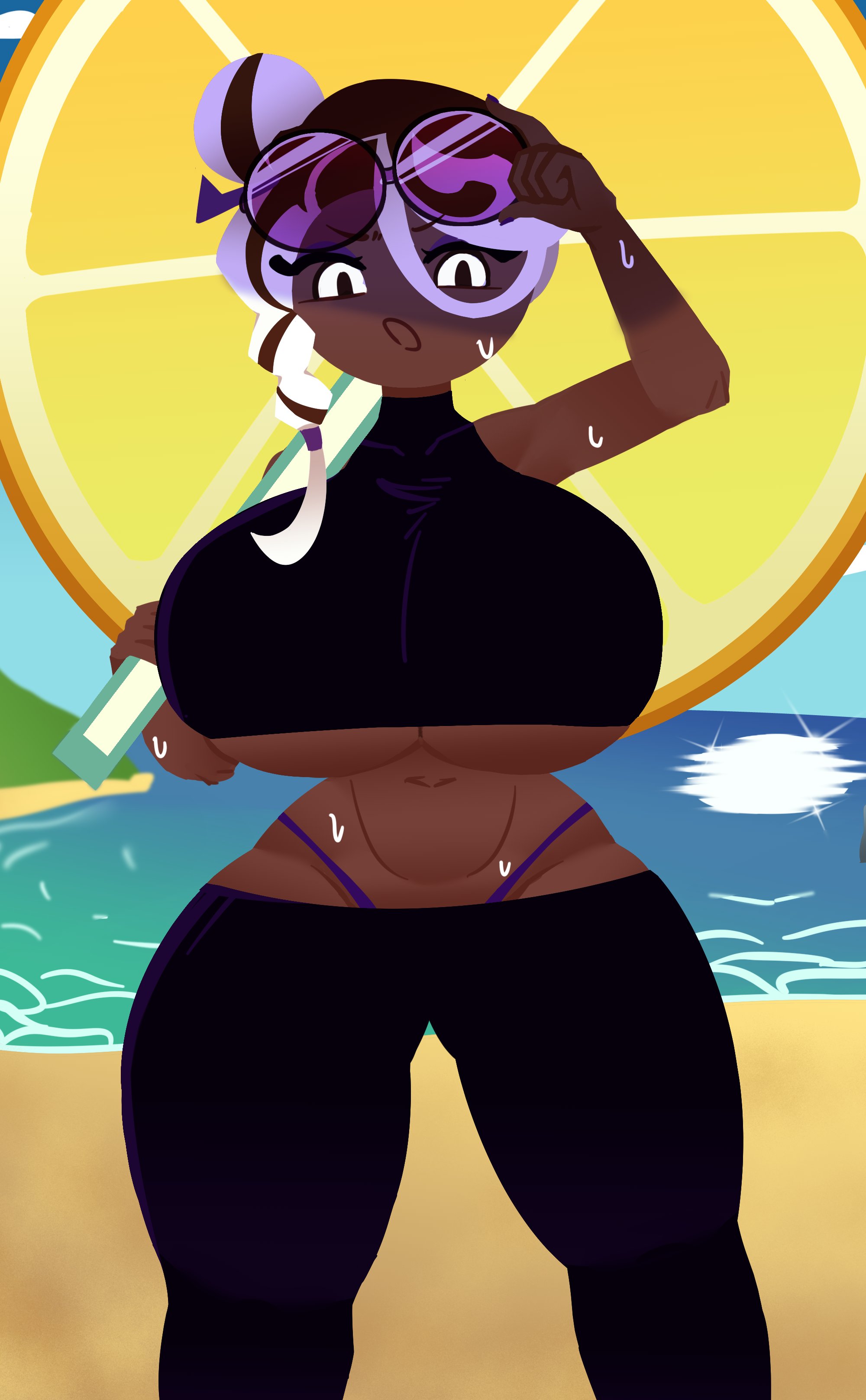 affogato cookie, big breasts, black pants, black topwear, cookie run, cookie run kingdom, dark-skinned female, female, glasses on head, large breasts, multicolored hair, rule 63, shadyshadsie, short hair, sweaty, sweaty body, tagme, underboob