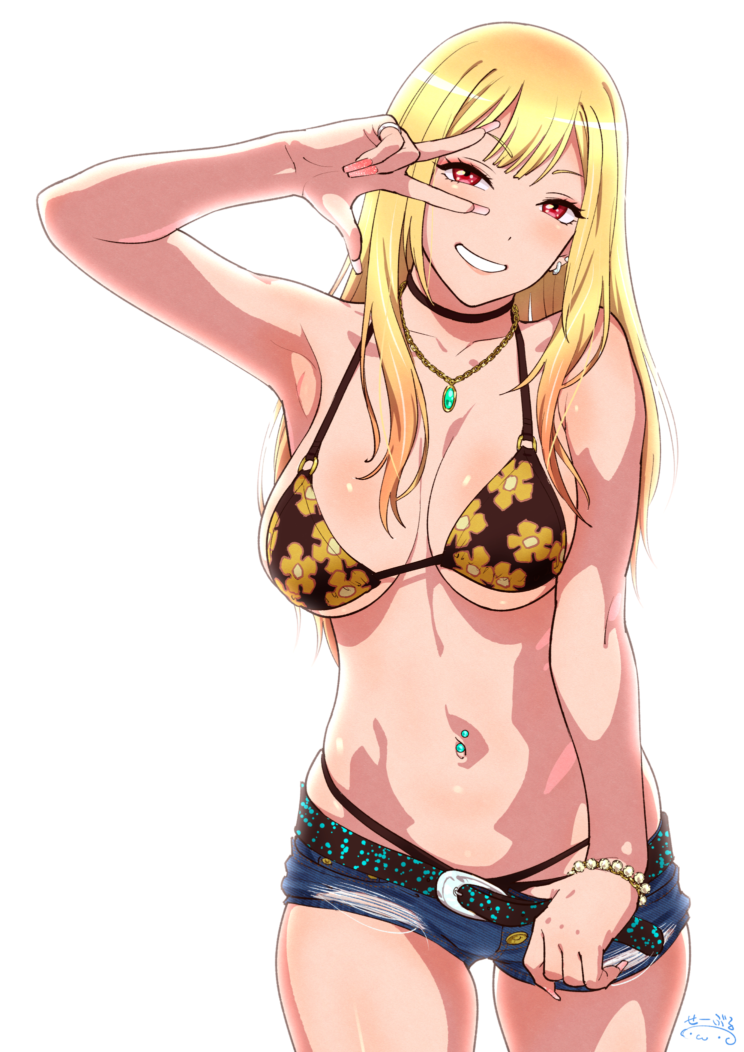 1girls, bikini top, blonde hair, breasts, denim shorts, female, female only, gyaru, highres, kitagawa marin, light skin, long fingernails, long hair, long nails, nail polish, navel piercing, painted fingernails, painted nails, red eyes, revealing clothes, short shorts, shorts, simple background, skimpy clothes, smile, solo, solo focus, sono bisque doll wa koi wo suru, suna, white background