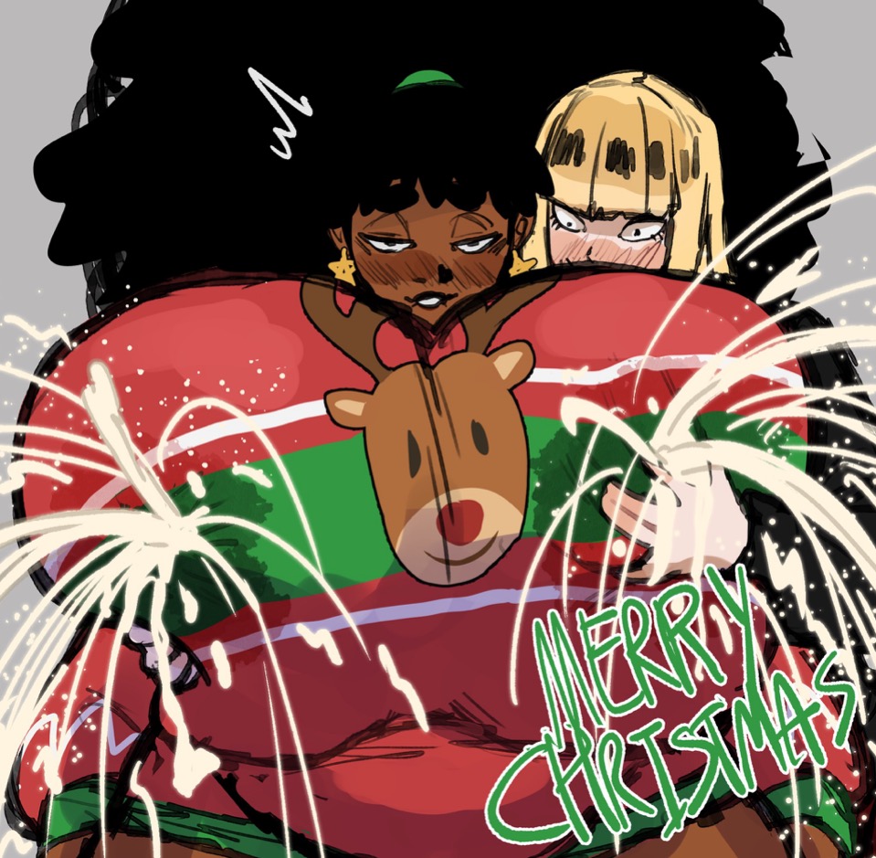2girls, afro, behind another, biting lip, black woman, blush, blushing profusely, christmas, christmas outfit, christmas sweater, cupping breasts, hands on nipples, henfent, hyper breasts, jessie (hentae), lactation, milk splash, milking breasts, rudolph the red-nosed reindeer, stained shirt, tentecreul, touching breast, turned on, white girl, winona (hentae), yuri