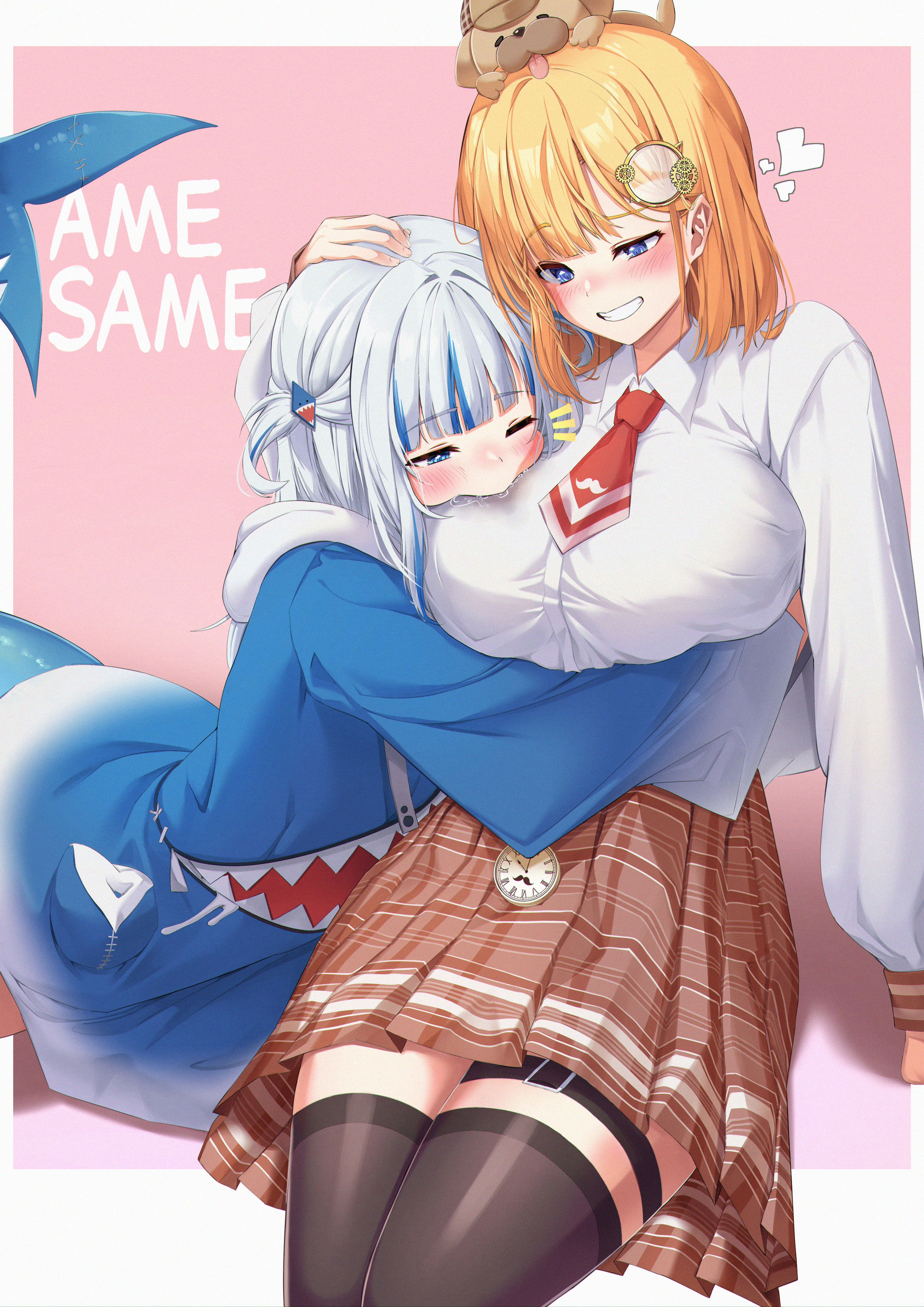 2girls, absurdres, animal, animal hood, animal on head, arm under breasts, biting, black thighhighs, blonde hair, blue eyes, blunt bangs, blush, breast biting, breasts, bright pupils, collared shirt, drooling, english text, female, female only, fins, fish tail, gawr gura, grin, hair ornament, hand on another's head, heart, highres, hololive, hololive english, hood, hoodie, hug, huge breasts, long hair, long sleeves, looking at another, medium hair, miniskirt, multicolored hair, multiple girls, necktie, on head, oversized clothes, painter j, plaid clothes, plaid skirt, pleated skirt, pocket watch, raised eyebrow, saliva, shark hair ornament, shark hood, shark tail, shirt, simple background, sitting, skirt, smile, streaked hair, tail, thigh strap, thighhighs, thighs, virtual youtuber, watch, watson amelia, white hair, yuri, zettai ryouiki