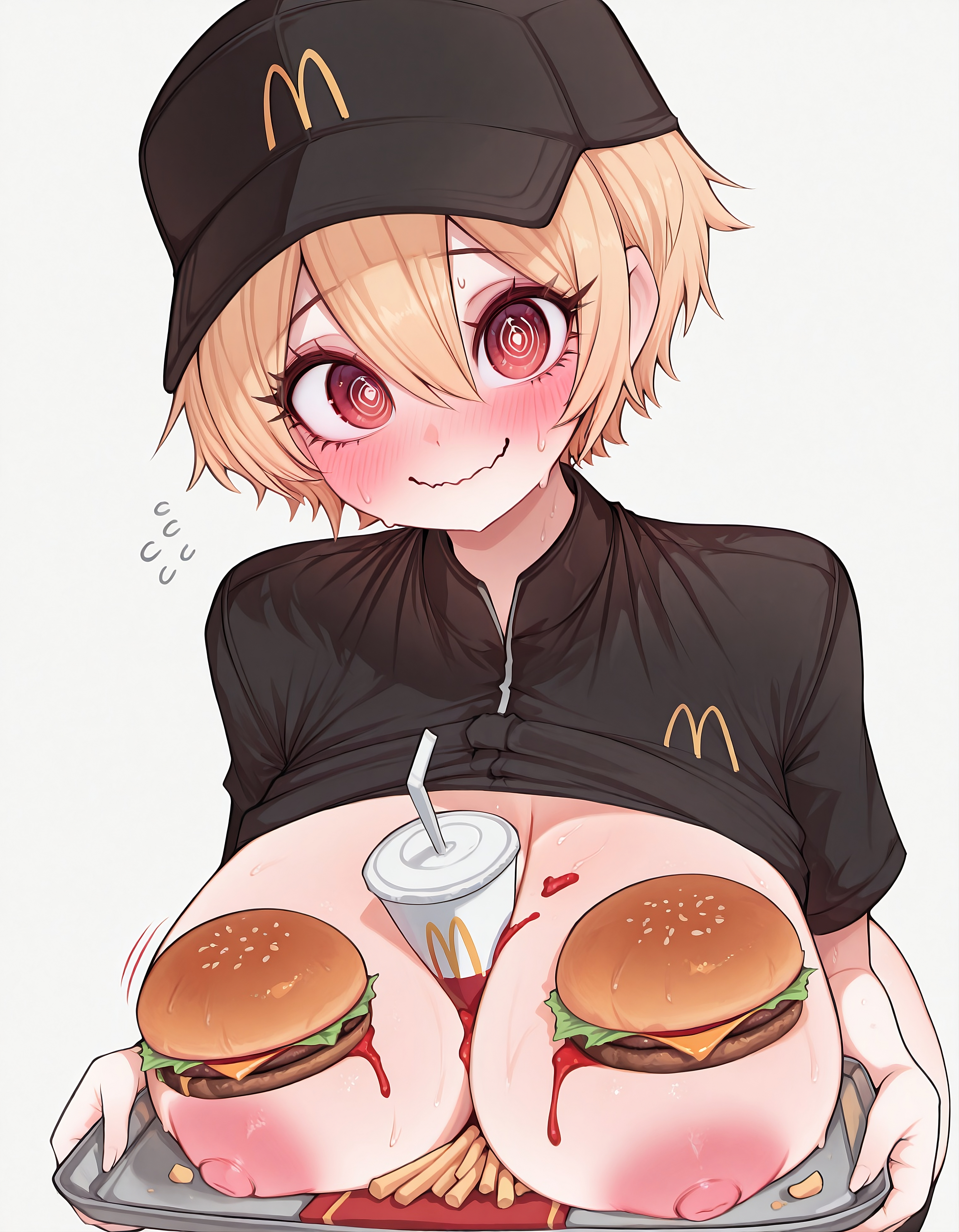 aerolae, ai, ai generated, ai-created, baseball cap, between breasts, black hat, black shirt, blonde hair, blush, boob burger, breasts on tray, breasts out, burger, burger bun, cheese, cup, fast food employee, fast food uniform, food, food on body, food on breasts, hat, ketchup, large breasts, lettuce, looking at viewer, mcdonald's, nervous, nervous smile, nipples, object on breast, red eyes, self upload, serving tray, shirt lift, shittyaistuff, simple background, straw, very short hair, wavy mouth, white background