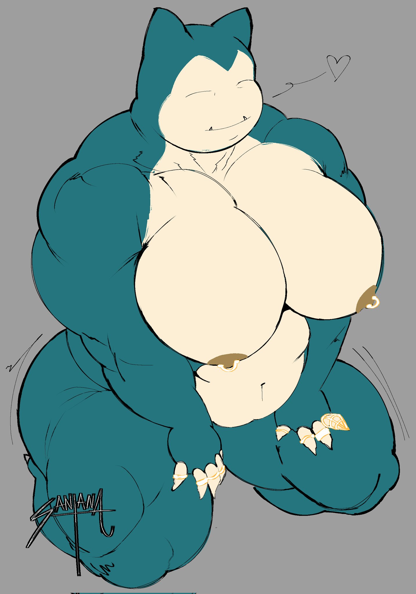 1boy, 2026, bara, bara ass, bara tits, barazoku, freeposers, hands on legs, muscular, nipple piercing, nipples, pokemon, pokemon (species), smile, snorlax, solo, solo male