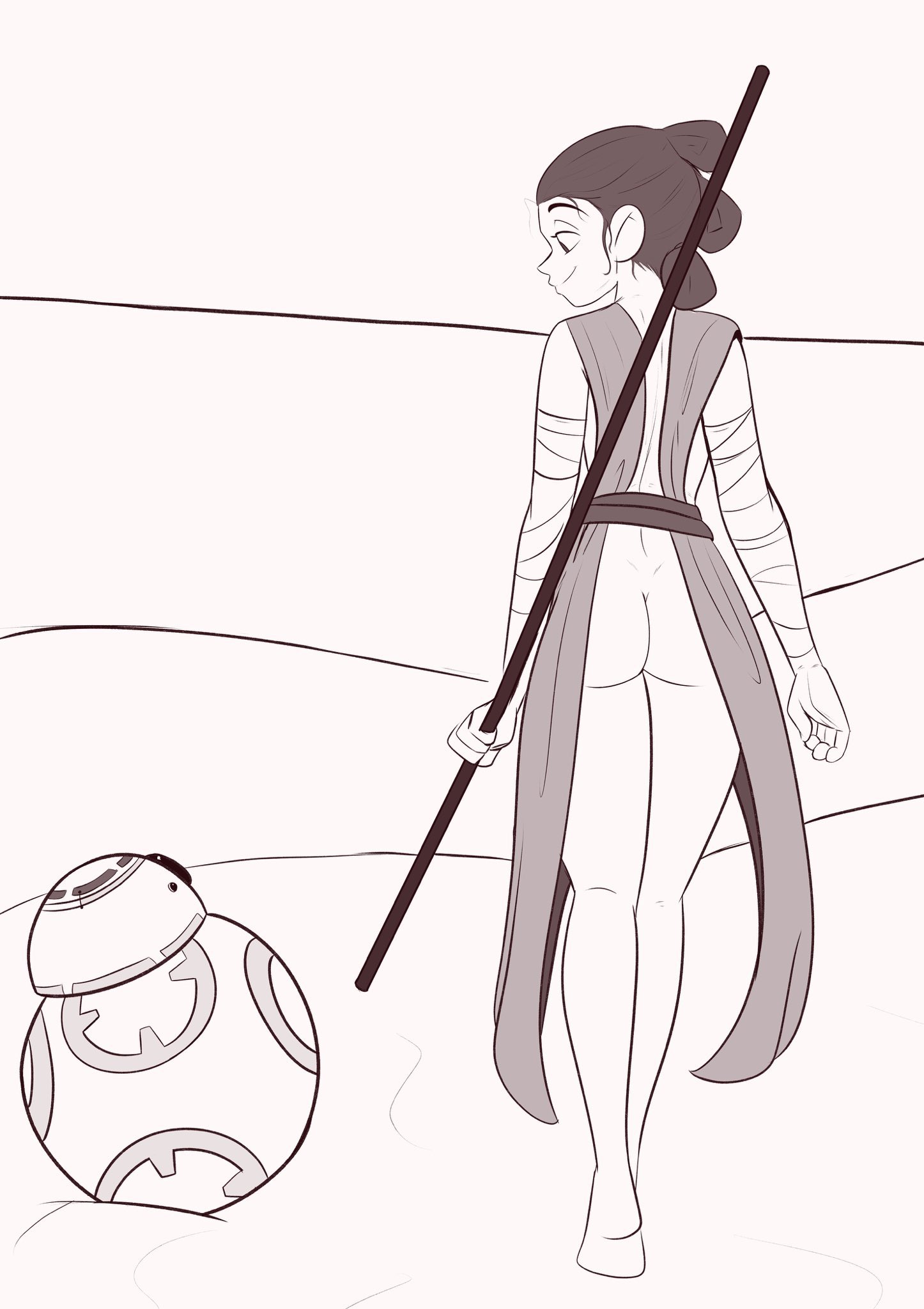 1girls, ass, bandaged arm, barefoot, casual nudity, female, female only, from behind, klassyarts (artist), rey, smile, solo, solo female, staff, star wars
